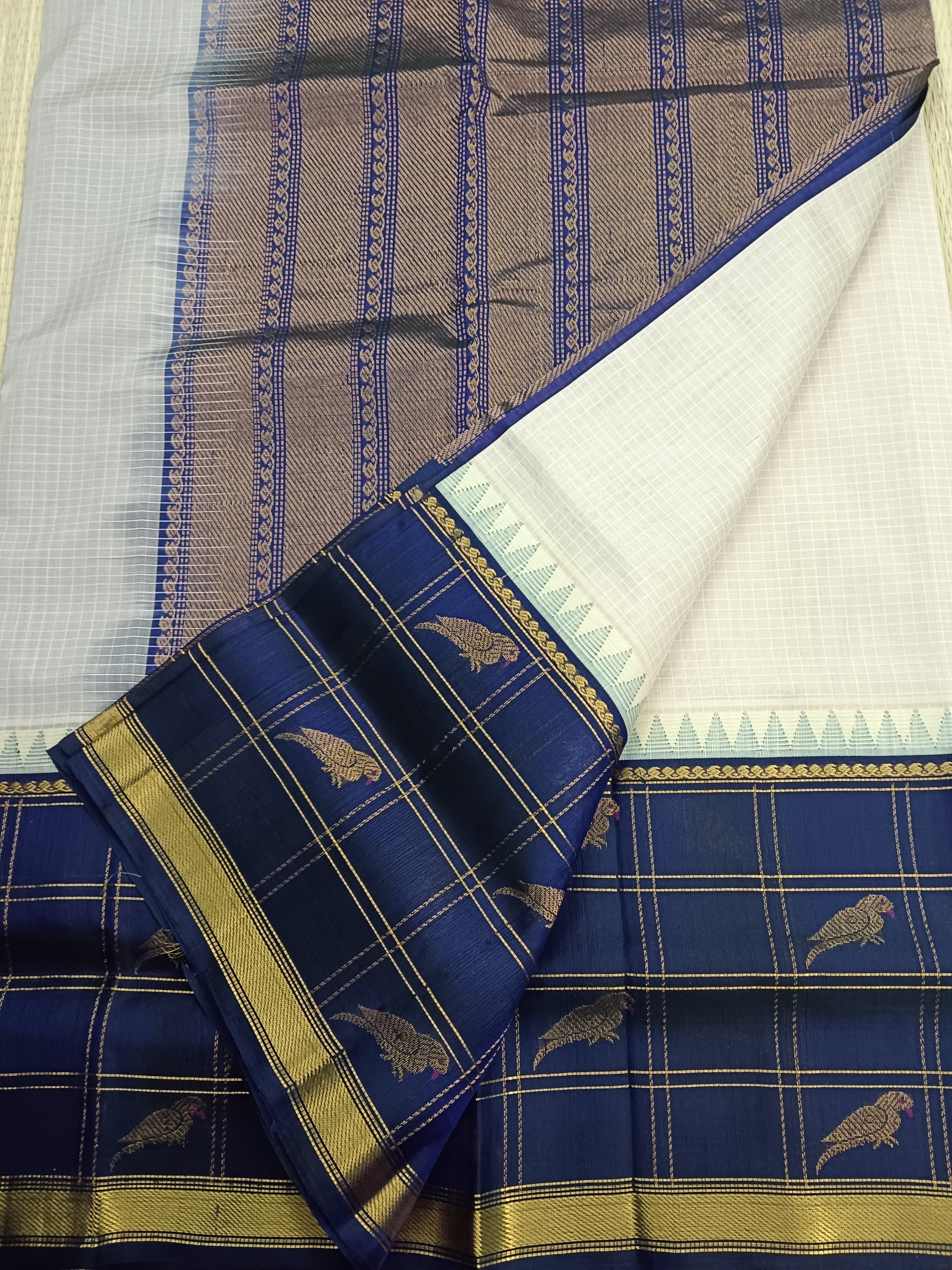 Handloom Kanchi Silk Cotton -Long Border-Beige mixed white- HSC50