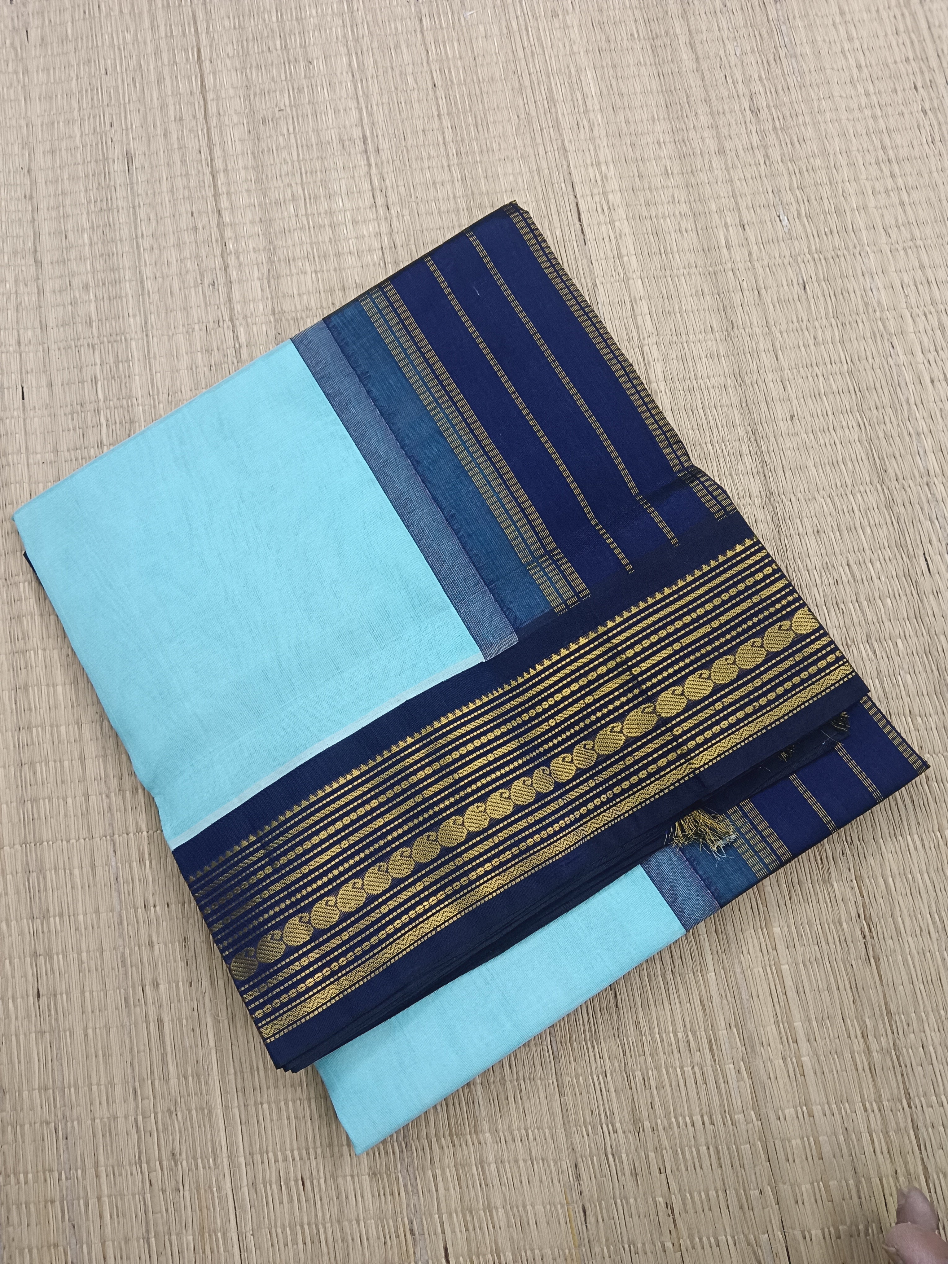 Handloom Kanchi Silk Cotton -Korvai Plain-Pastel blue- HSC56