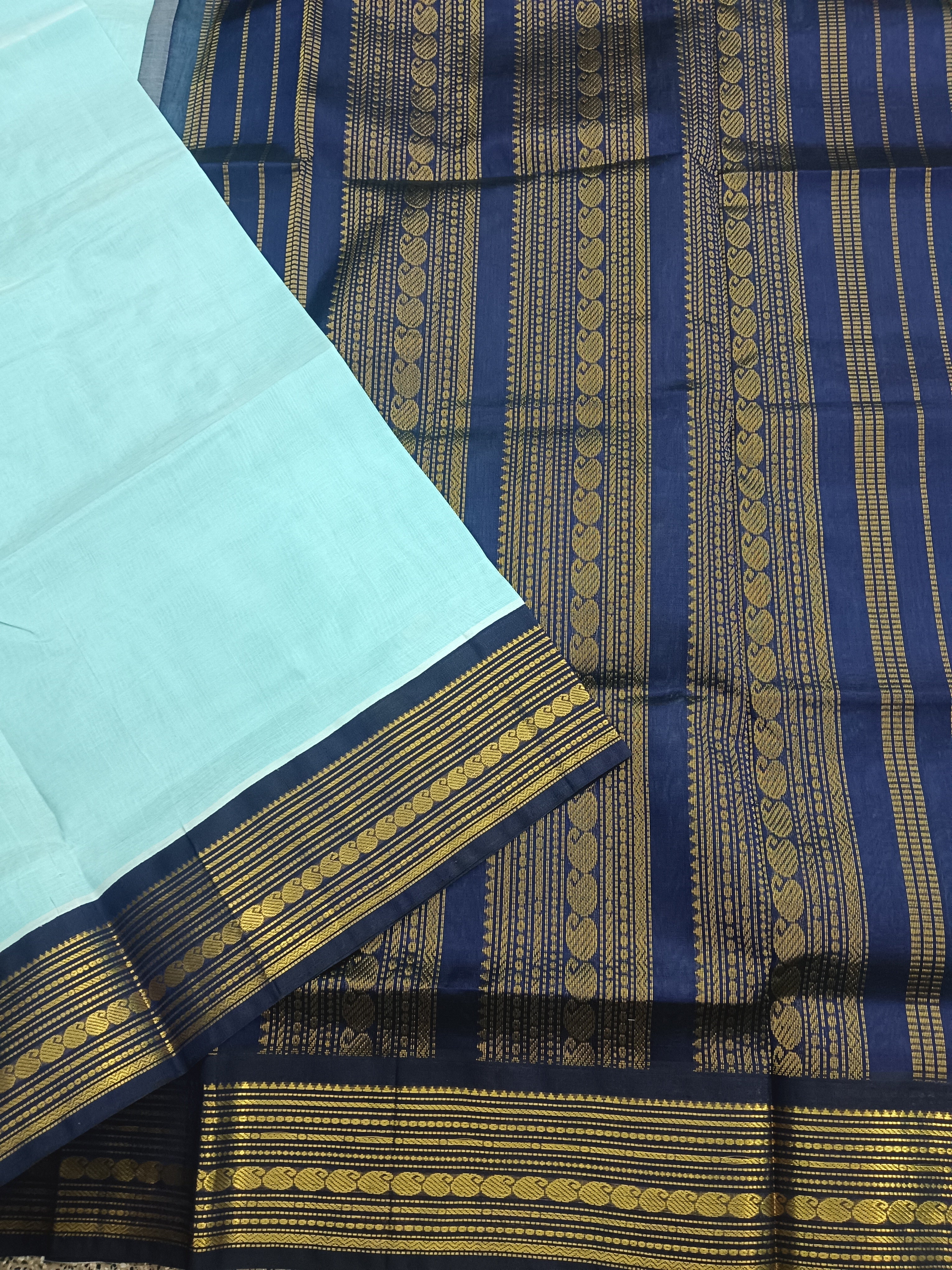 Handloom Kanchi Silk Cotton -Korvai Plain-Pastel blue- HSC56