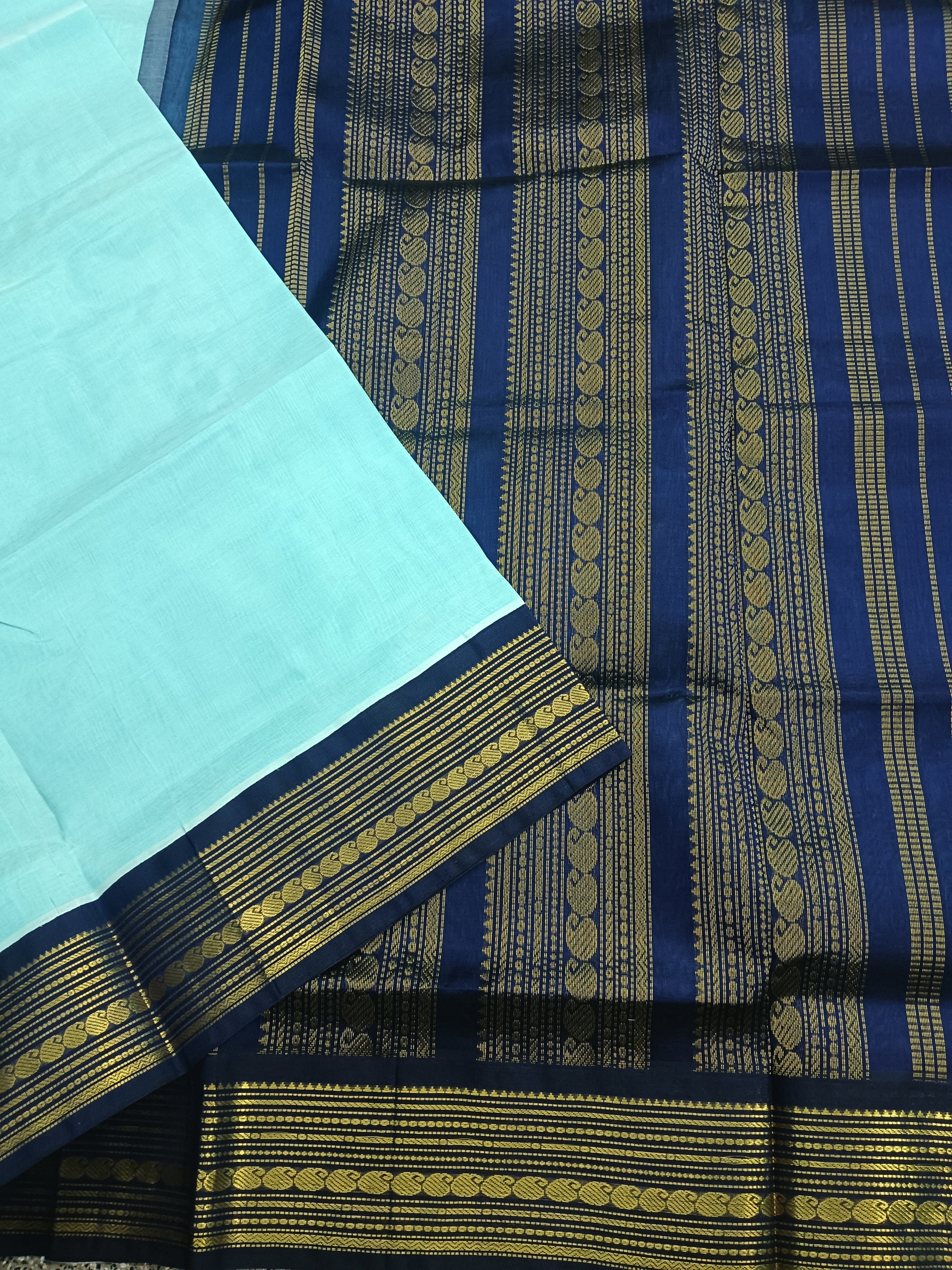 Handloom Kanchi Silk Cotton -Korvai Plain-Pastel blue- HSC56