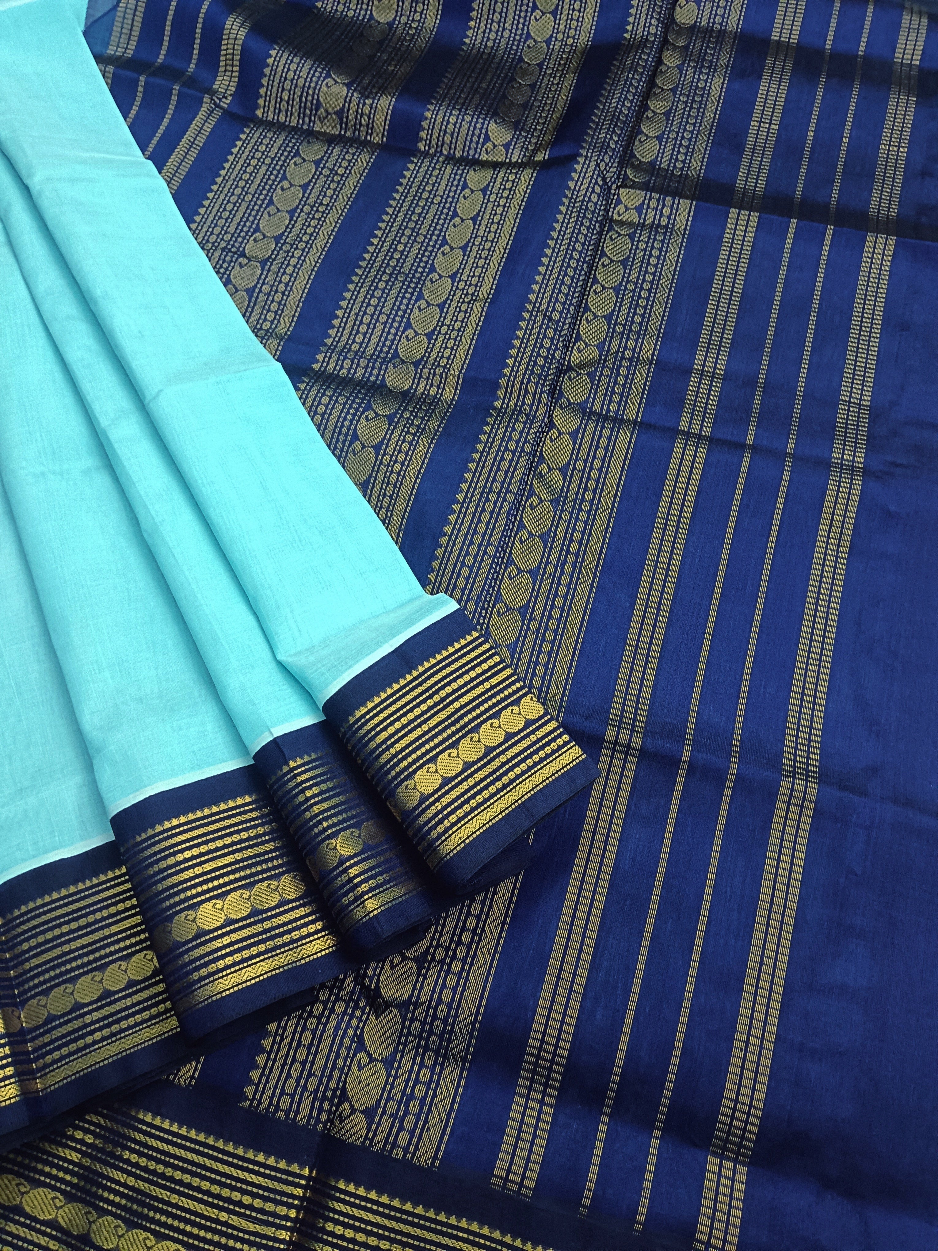 Handloom Kanchi Silk Cotton -Korvai Plain-Pastel blue- HSC56