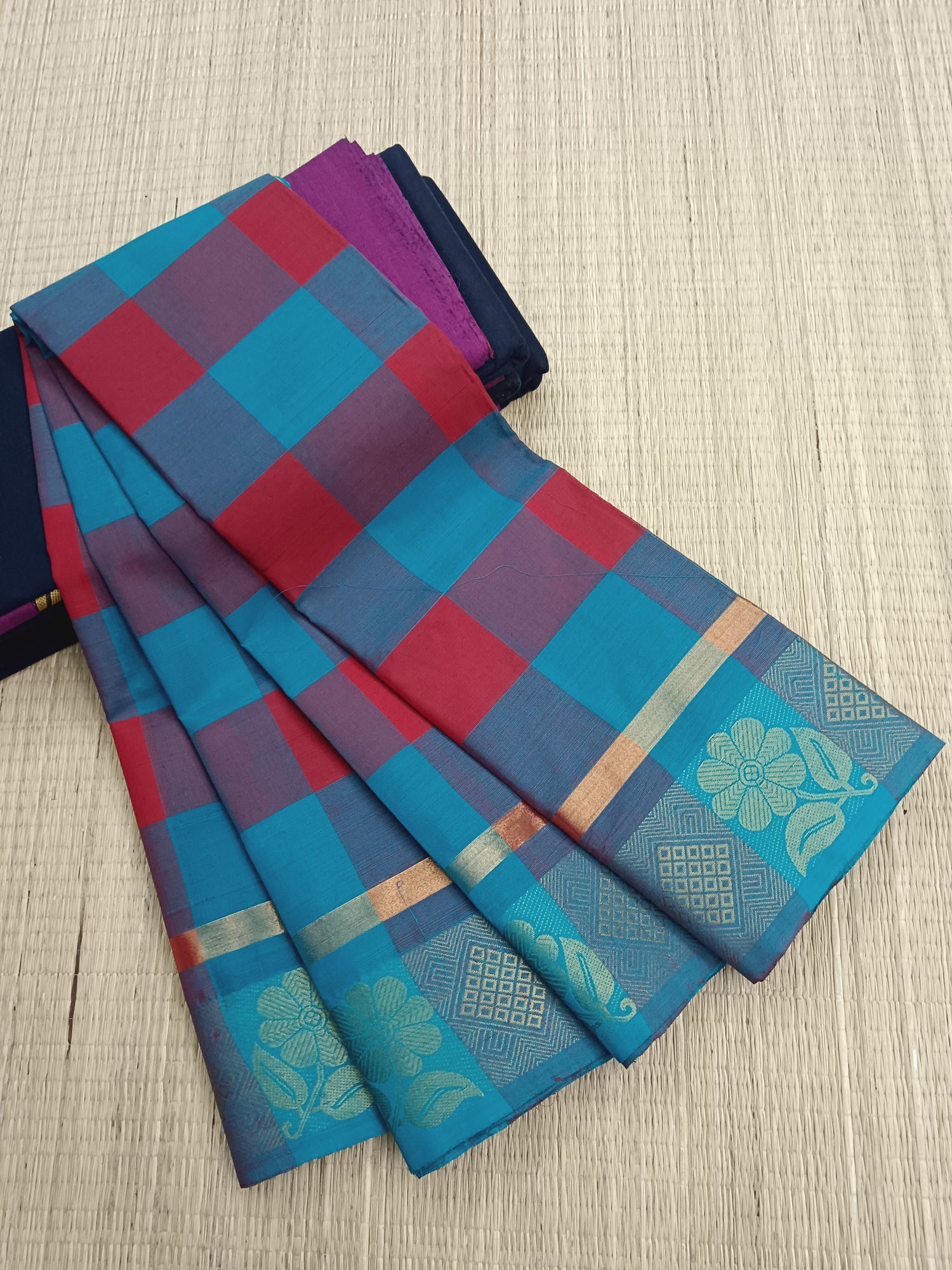 Kandangi Checks- Red with Rama Blue- KC32