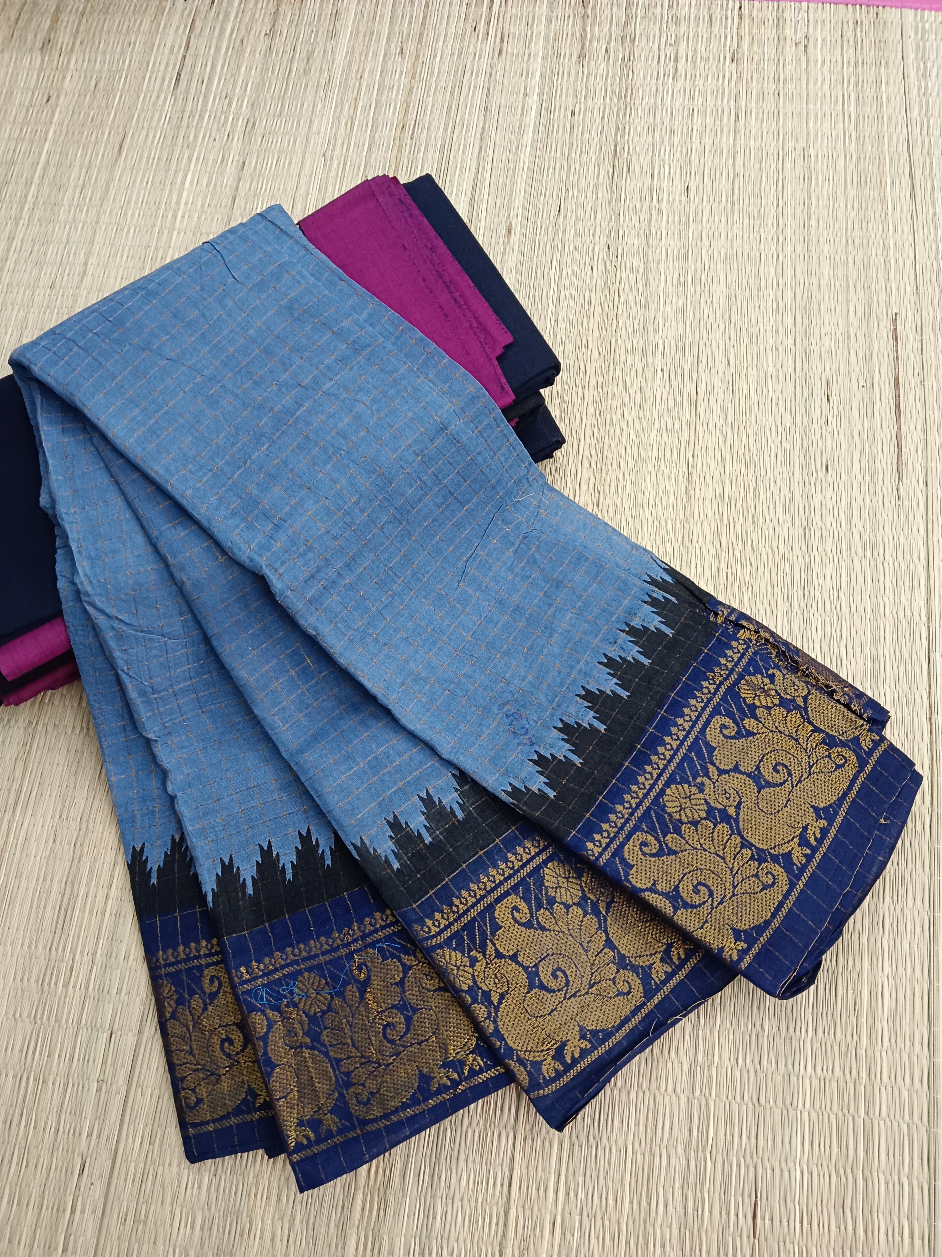 Madurai Sungudi Cotton -  Bluish grey- MS40