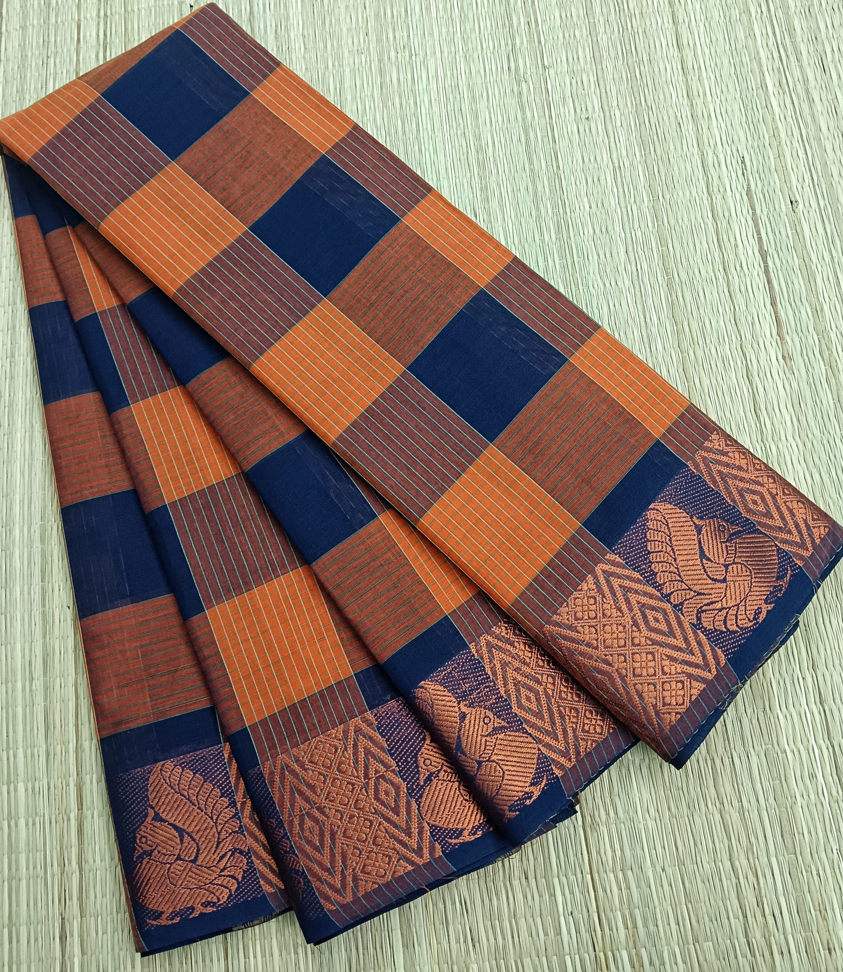 Kandangi Checks- orange with blue - KC36