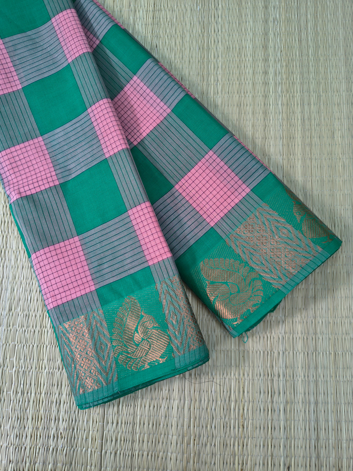 Kandangi Checks -Green mixed baby pink - KC130
