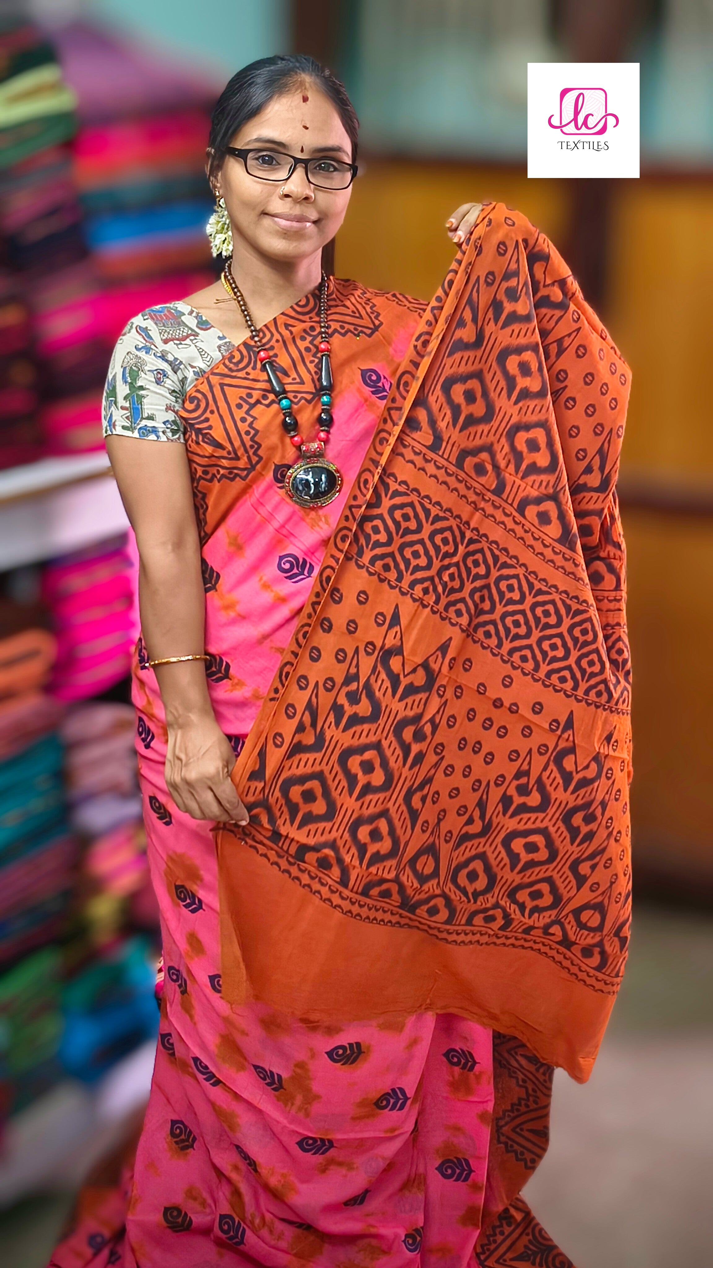 Madurai Sungudi Cotton -Peach- MS49