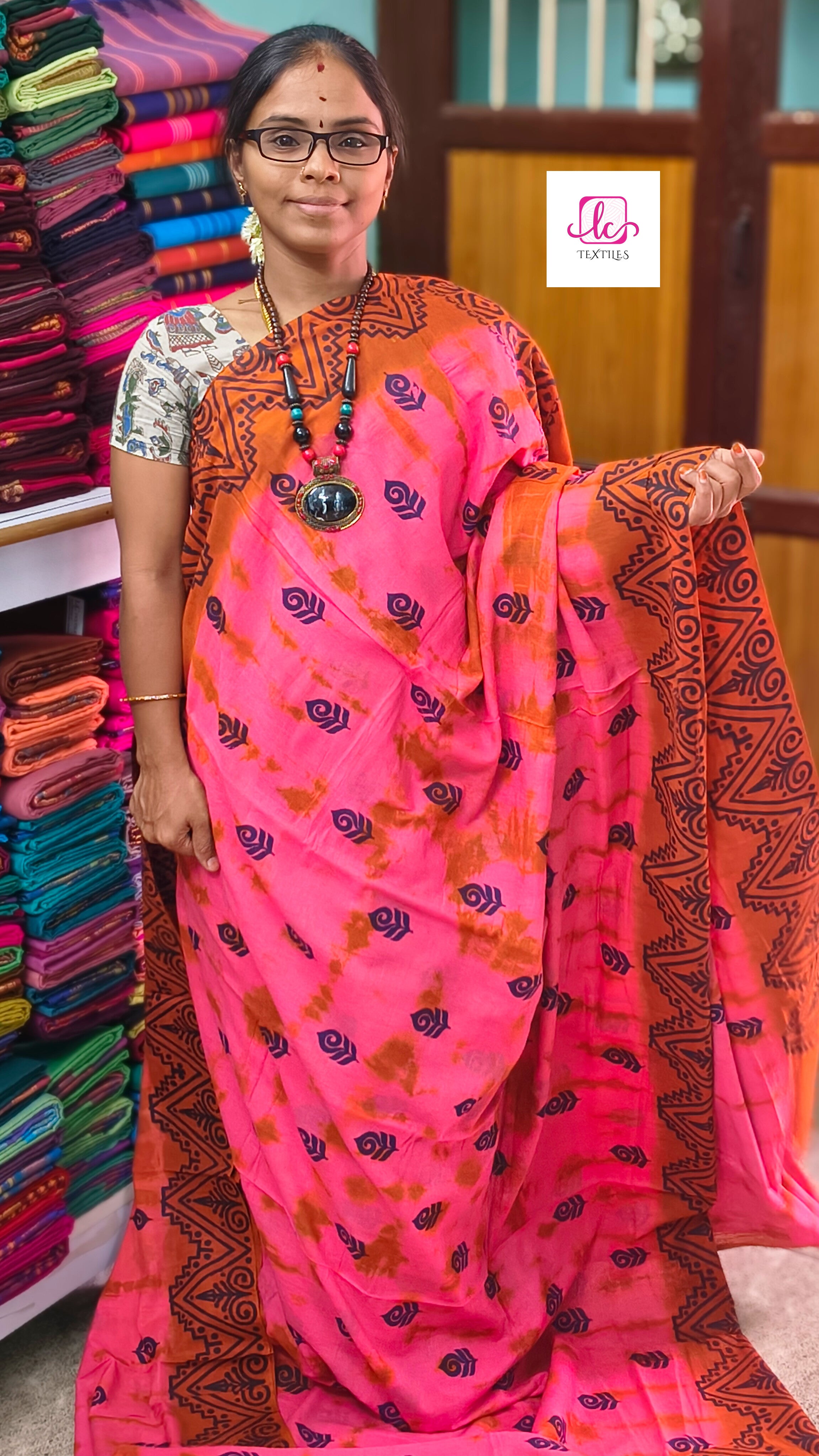 Madurai Sungudi Cotton -Peach- MS49