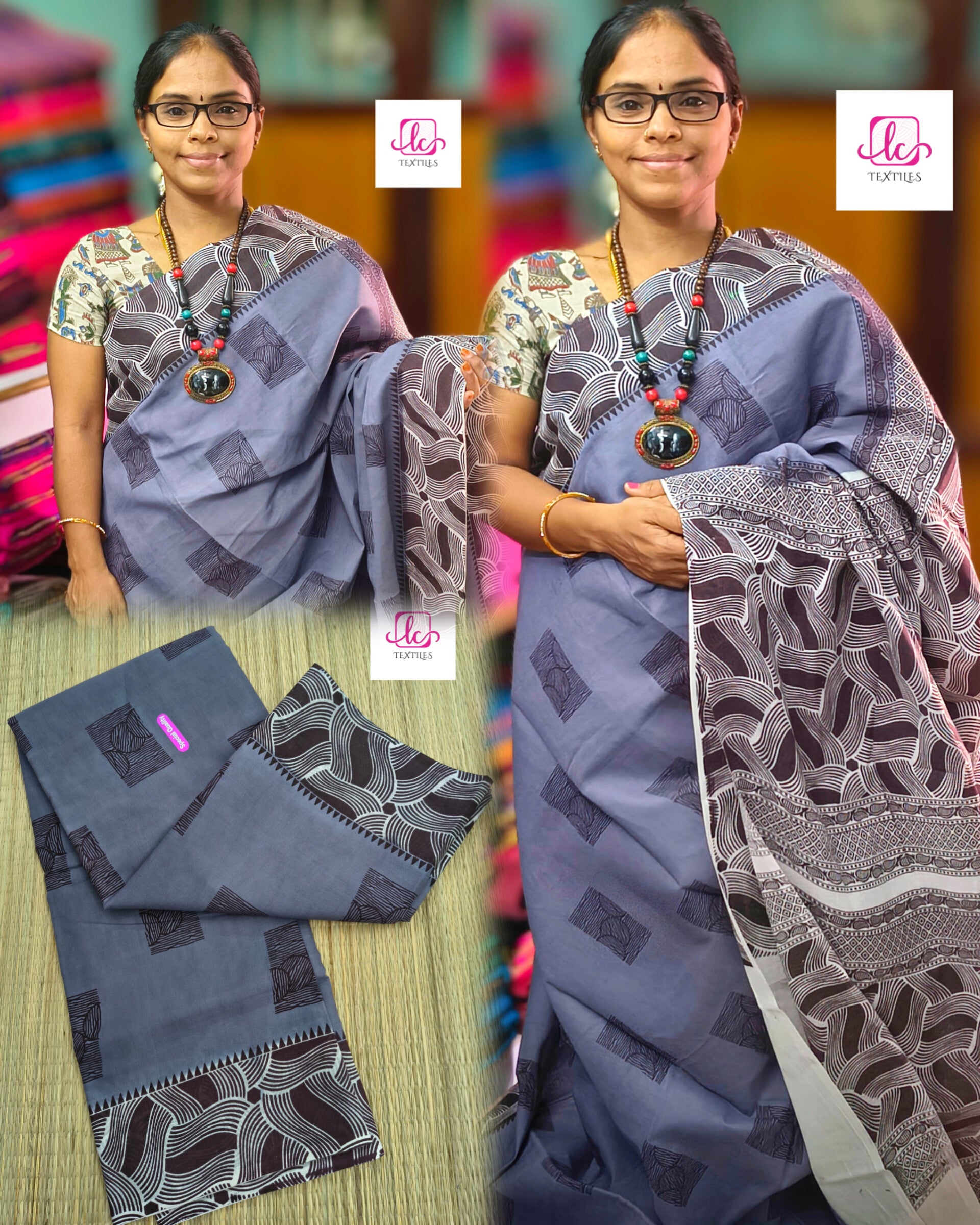 Madurai Sungudi Cotton -Bluish Grey- MS50