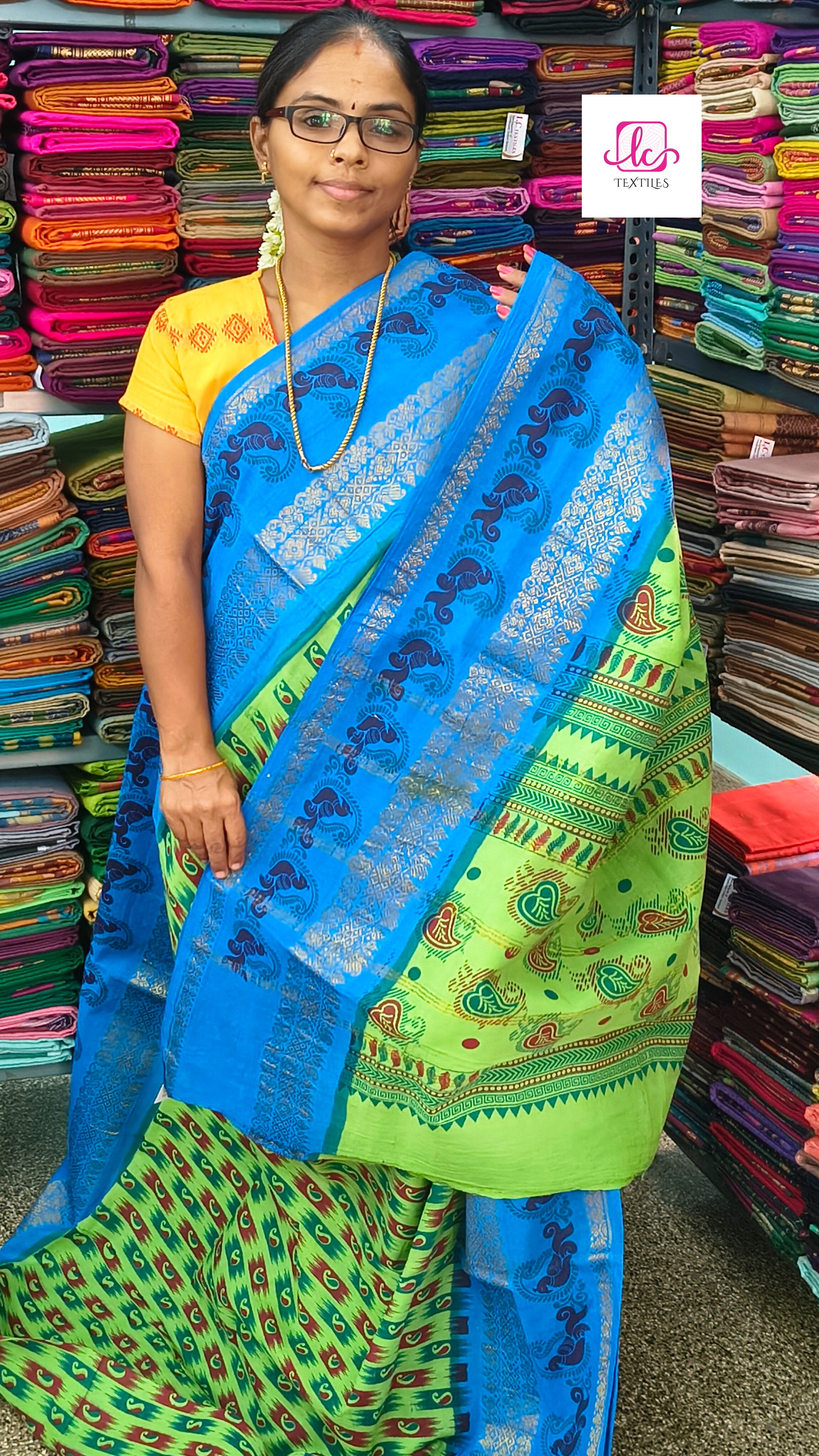 Madurai Sungudi Cotton -Neon green- MS53