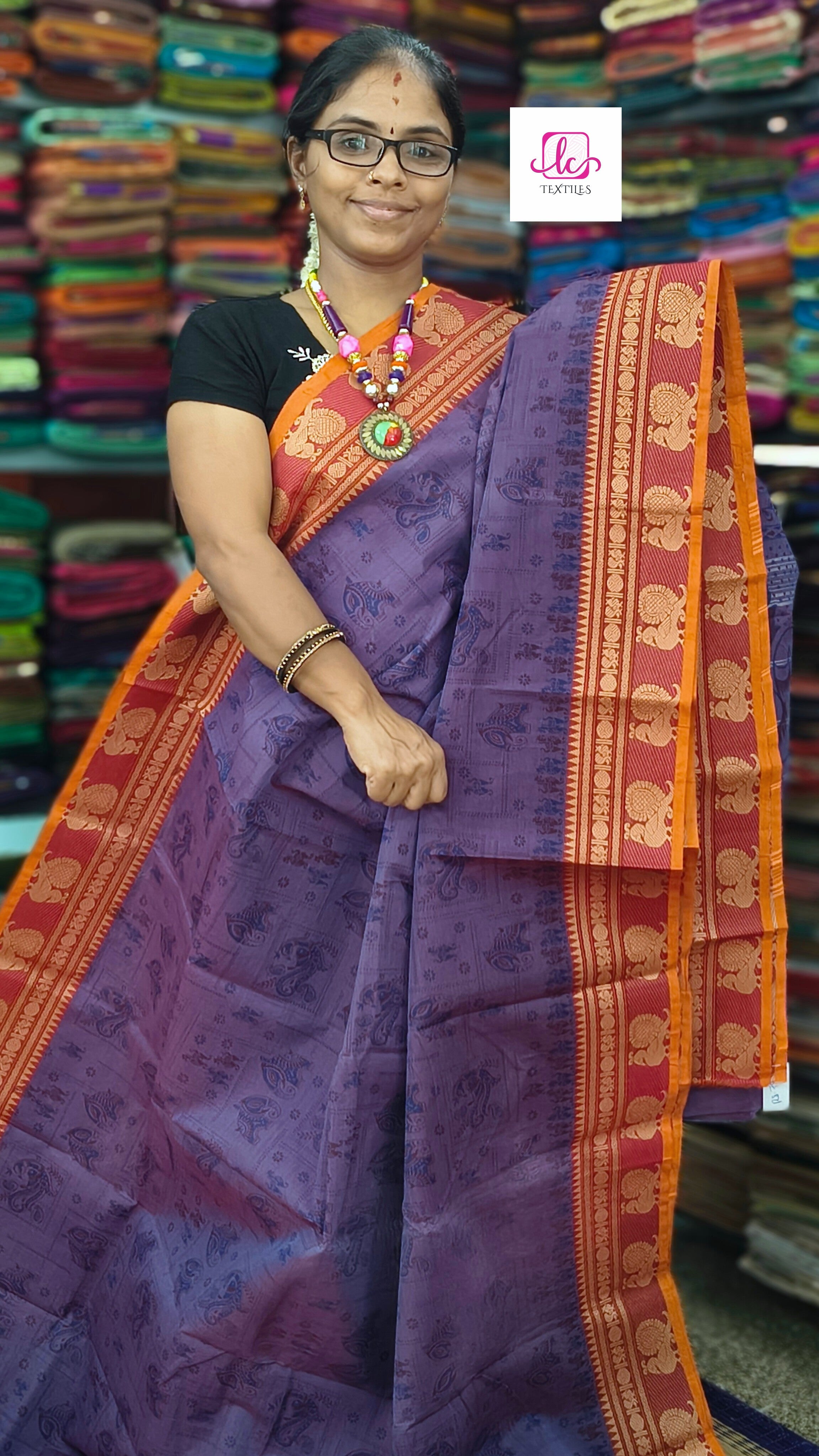 Chettinad Cotton - Printed -Blue mixed maroon dual tone-CPC25