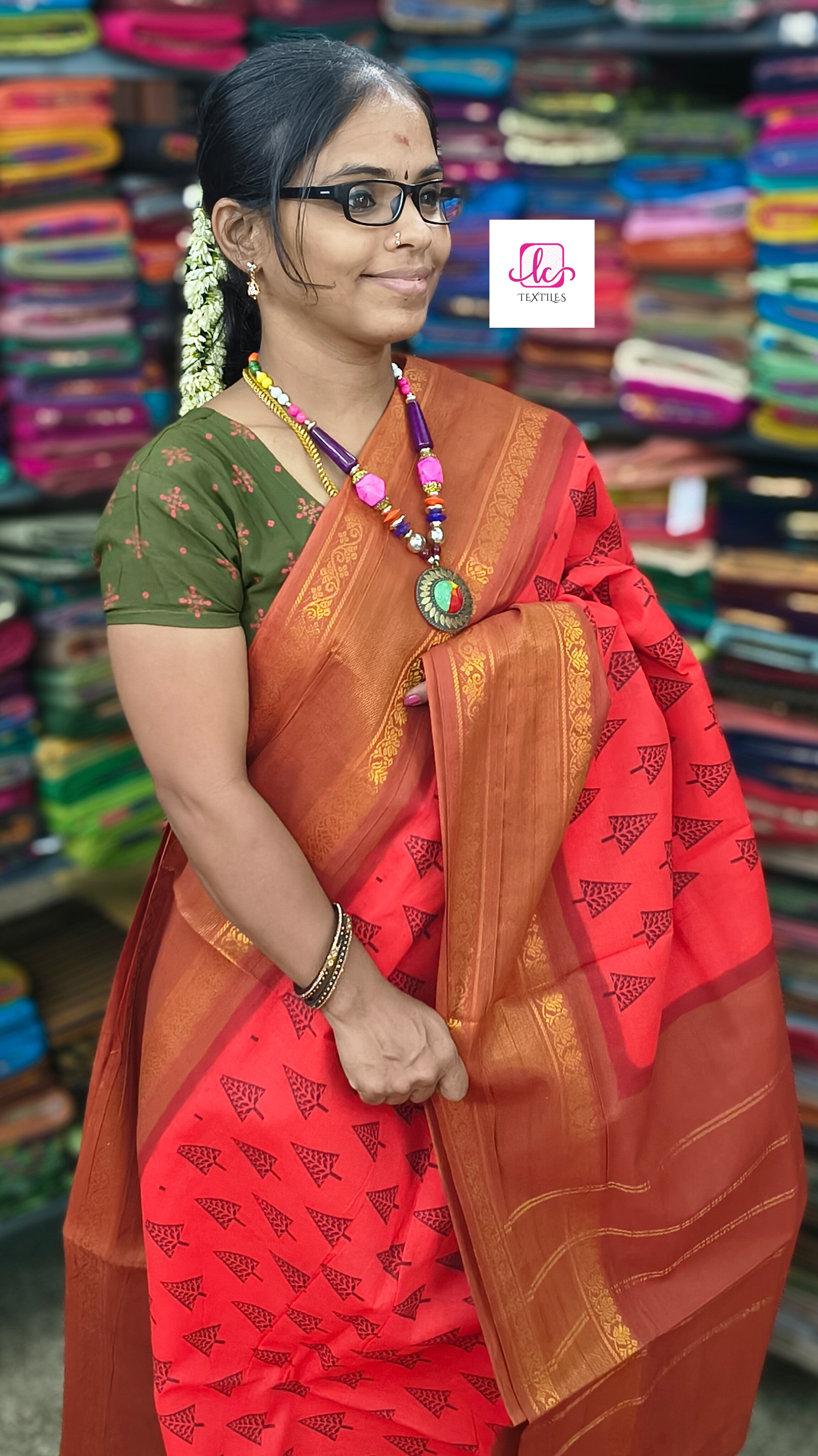 Madurai Sungudi Cotton - Red- MS56