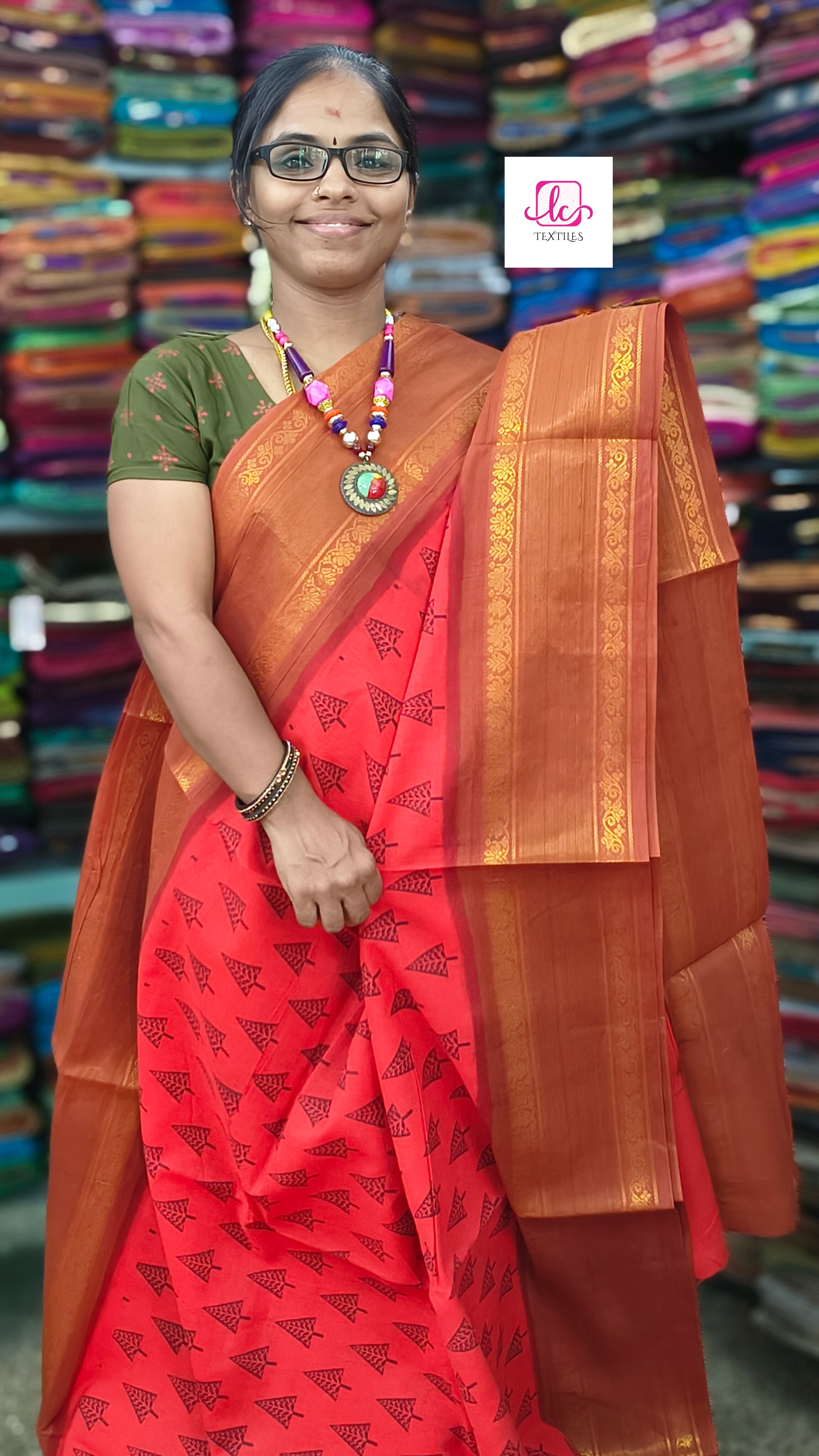 Madurai Sungudi Cotton - Red- MS56