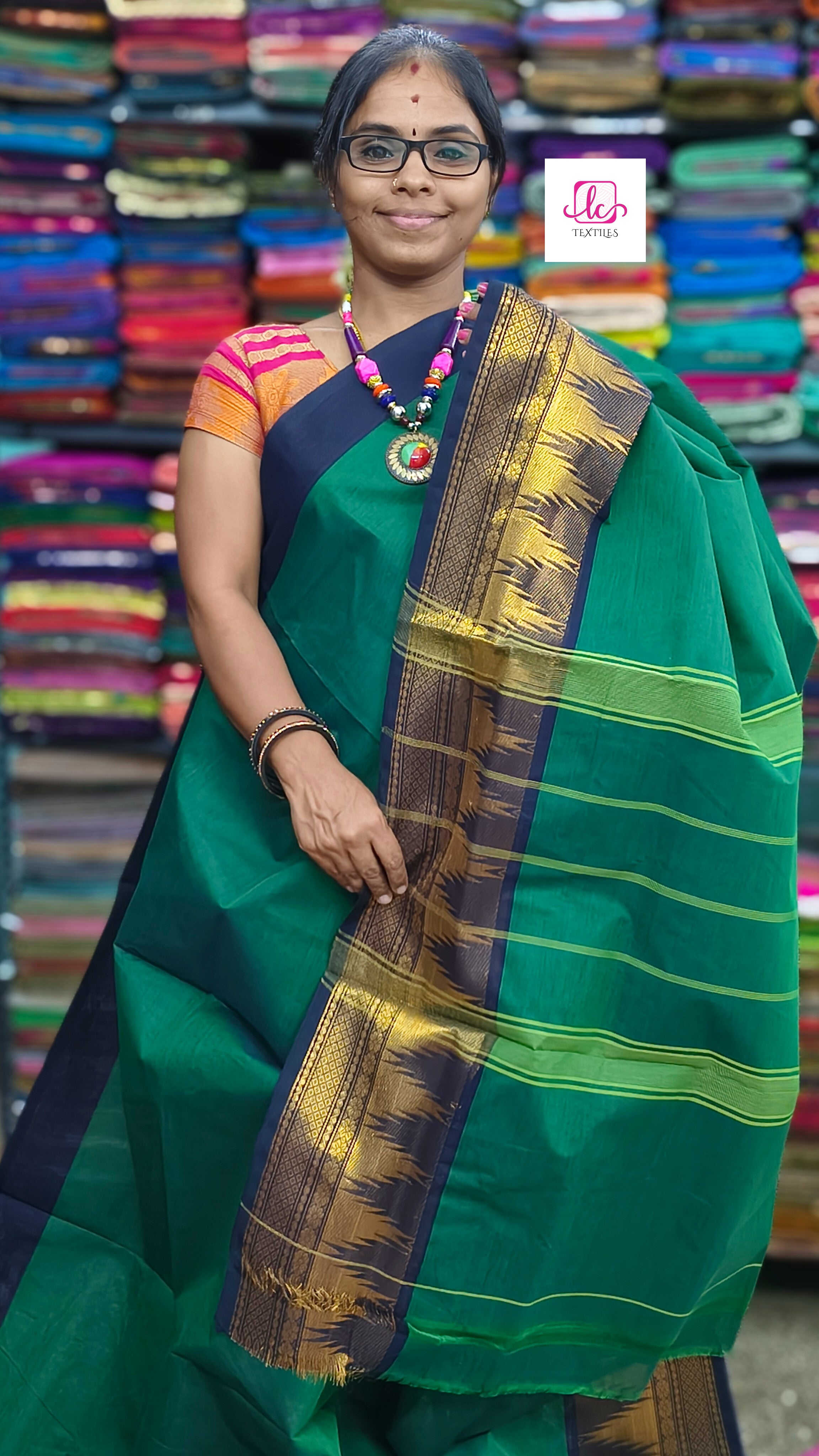Kanchi Cotton - All Day Fusion -Parrot Green mixed Navyl blue dual tone- KCAF50