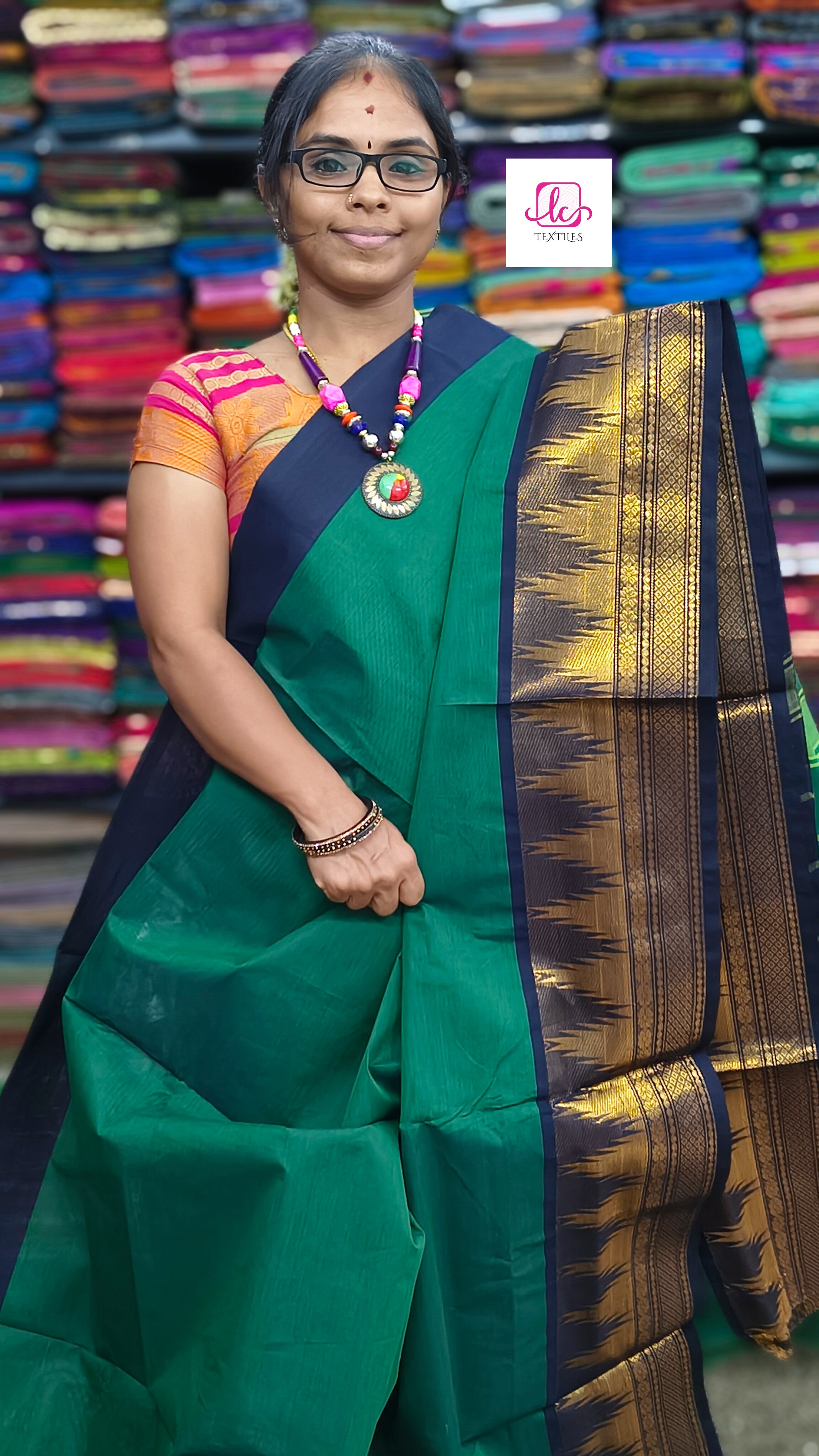 Kanchi Cotton - All Day Fusion -Parrot Green mixed Navyl blue dual tone- KCAF50