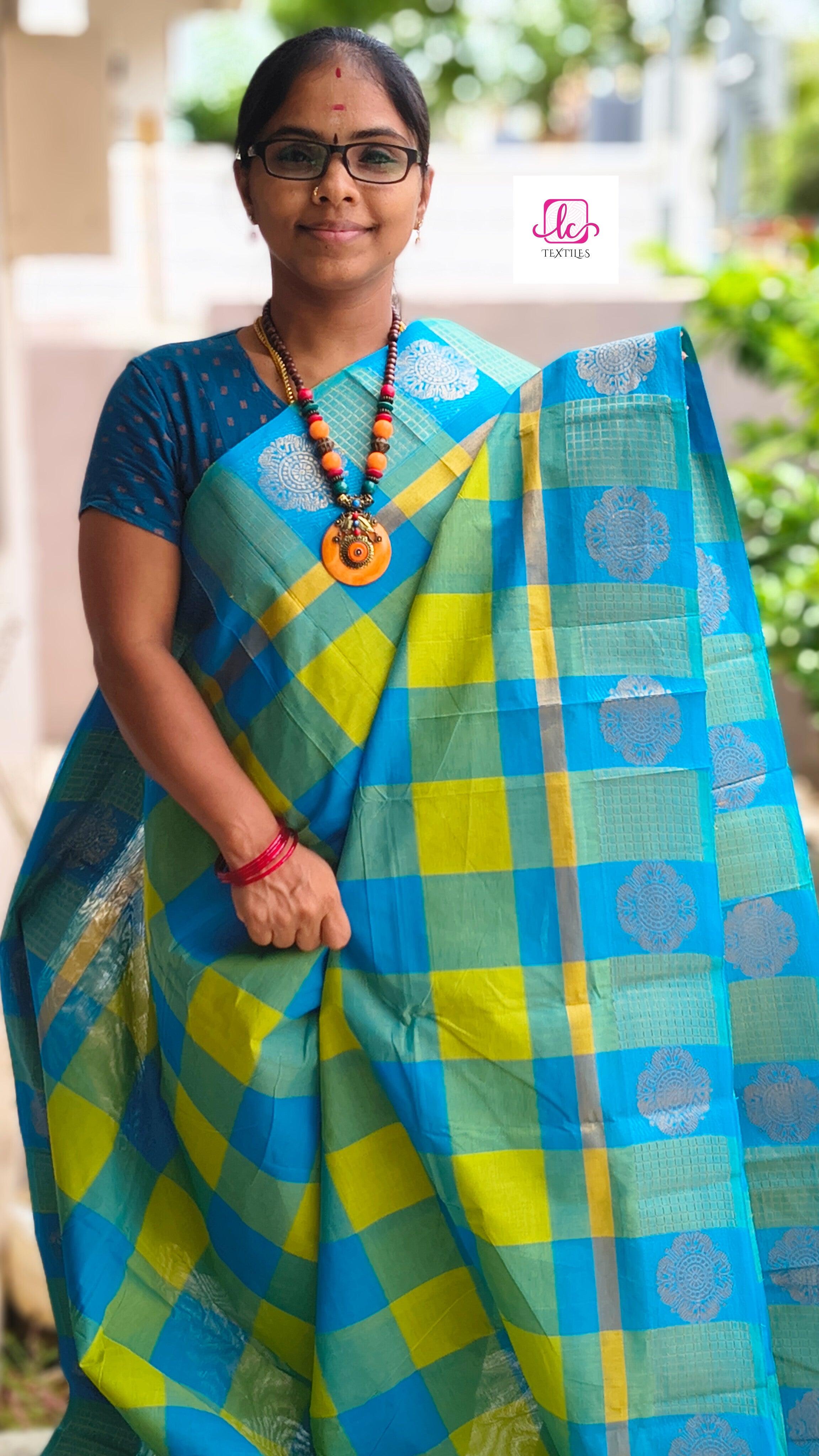 Kandangi Checks -neon green with blue- - KC60