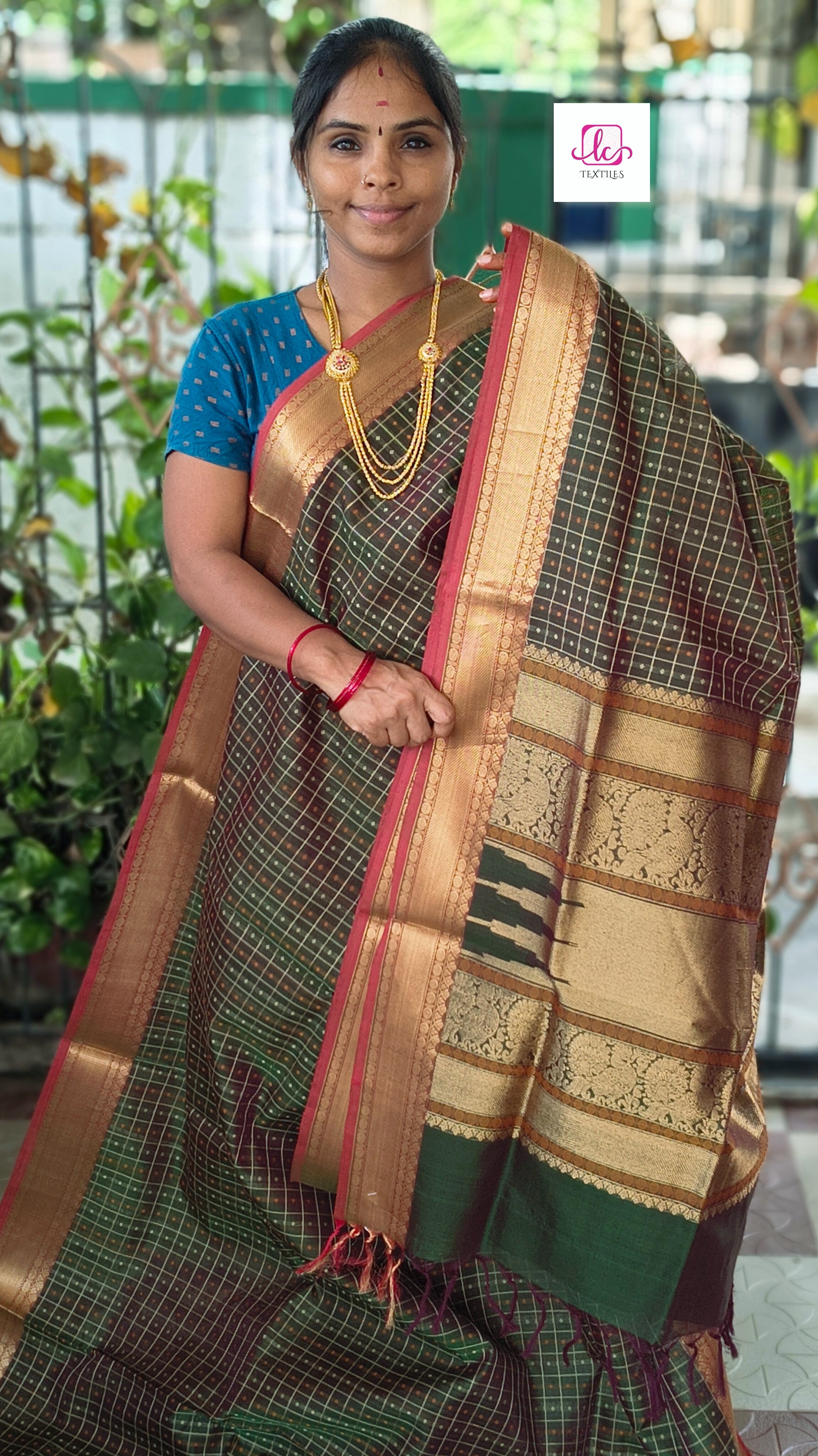 Handloom Kanchi Silk Cotton -Laksha Deepam- Green mixed maroon dual tone- HSC22