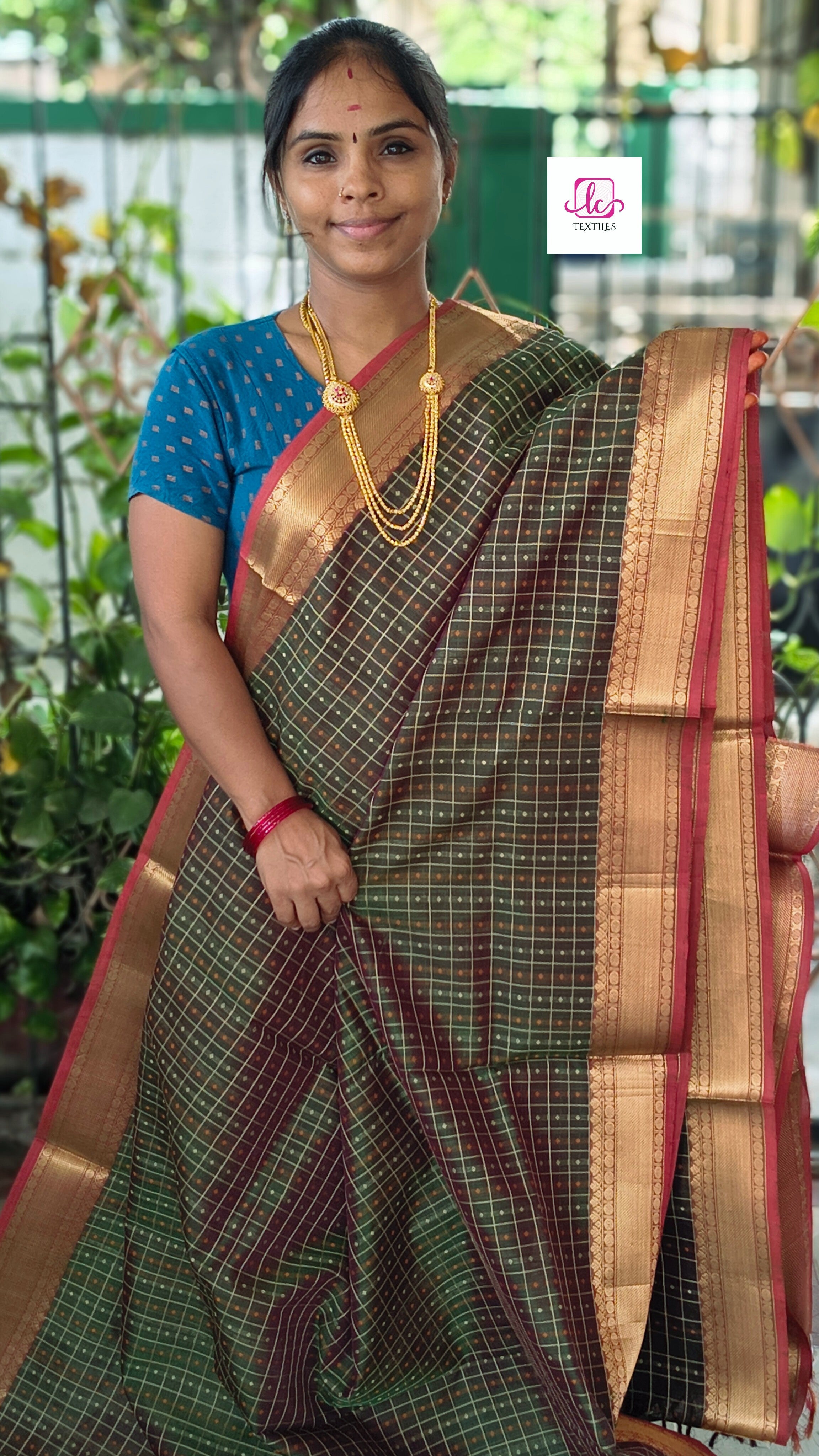 Handloom Kanchi Silk Cotton -Laksha Deepam- Green mixed maroon dual tone- HSC22