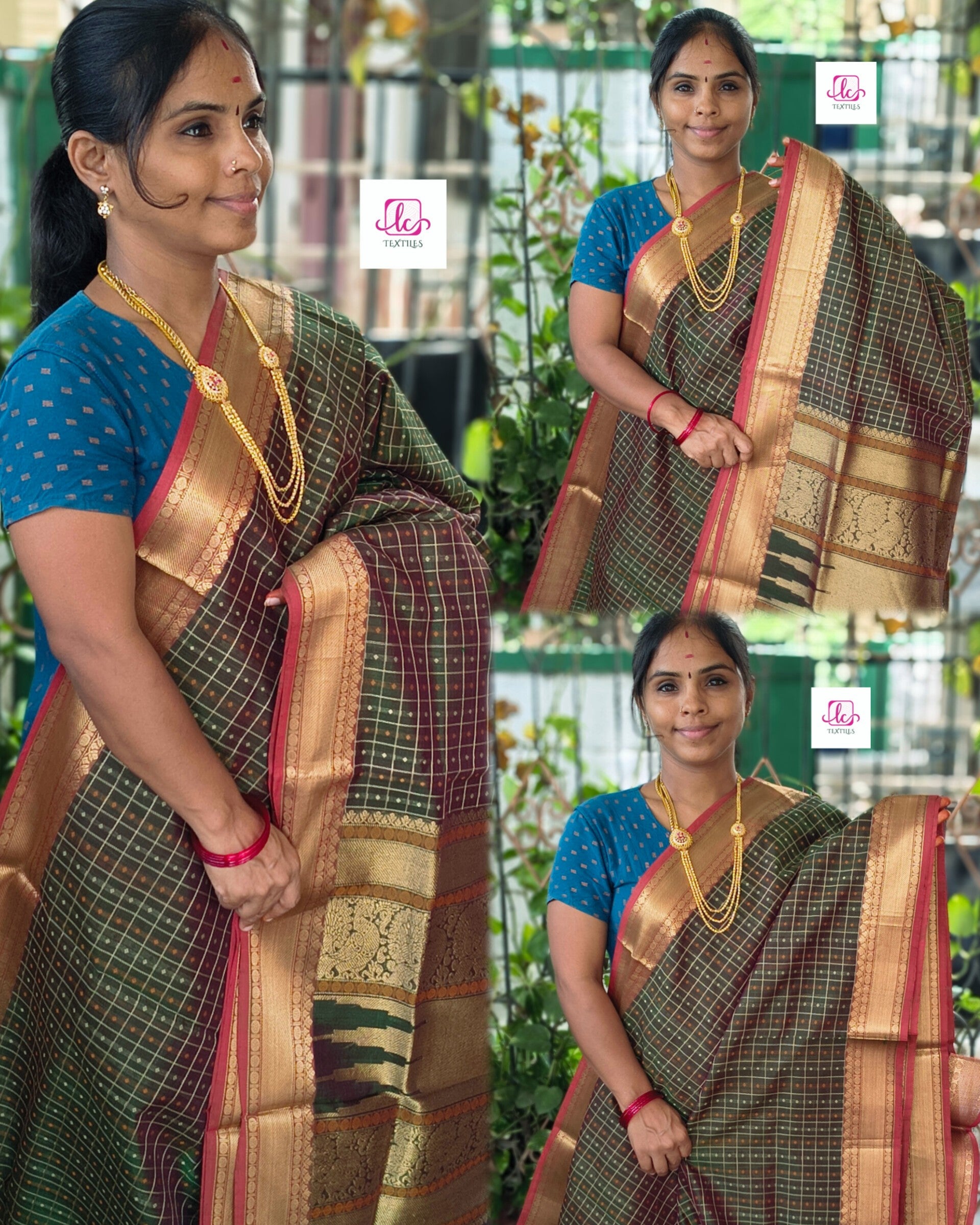 Handloom Kanchi Silk Cotton -Laksha Deepam- Green mixed maroon dual tone- HSC22