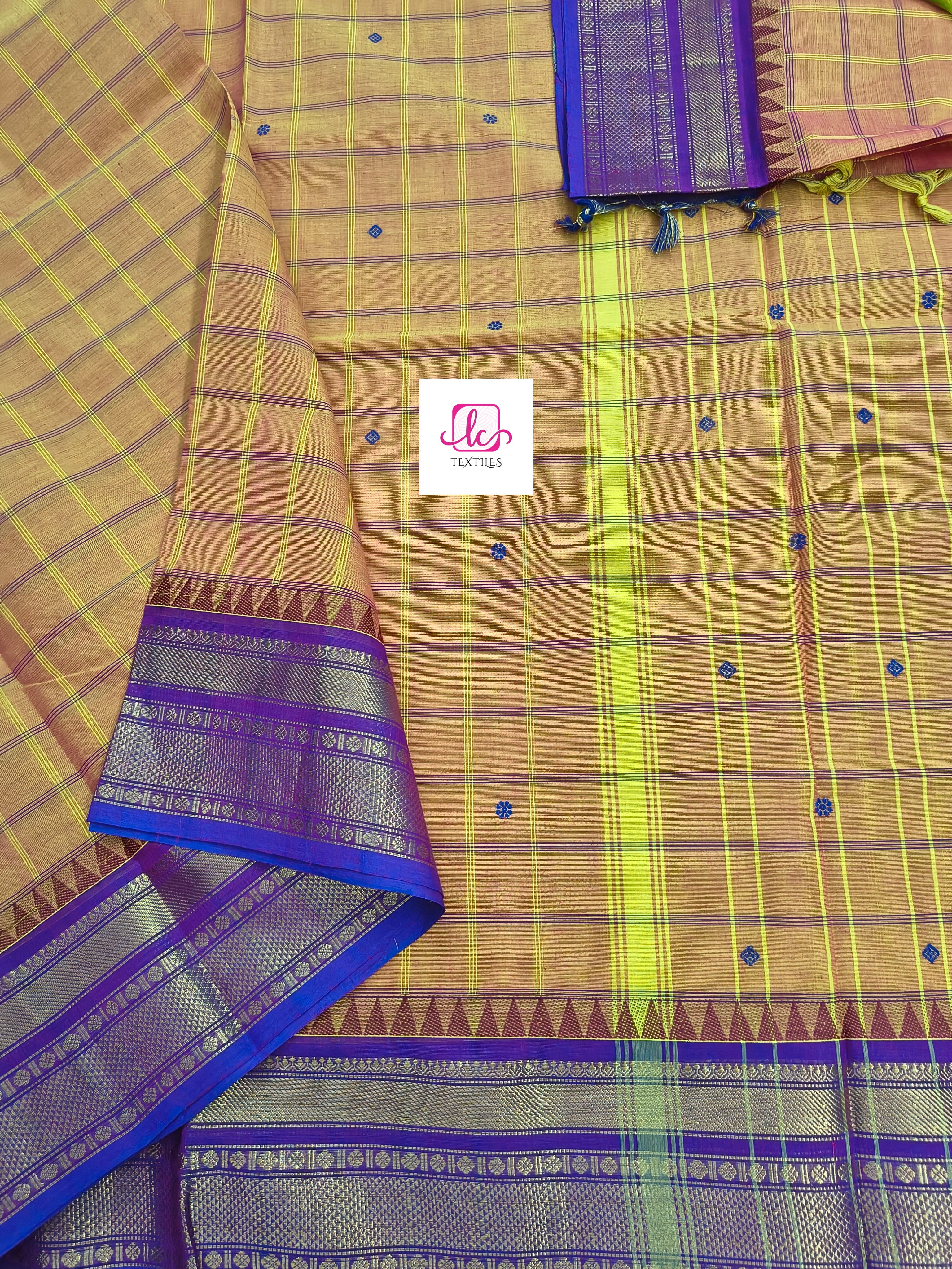 Kandangi Korvai Checks Butta-Lemon yellow mixed pink dual tone- KKCB71