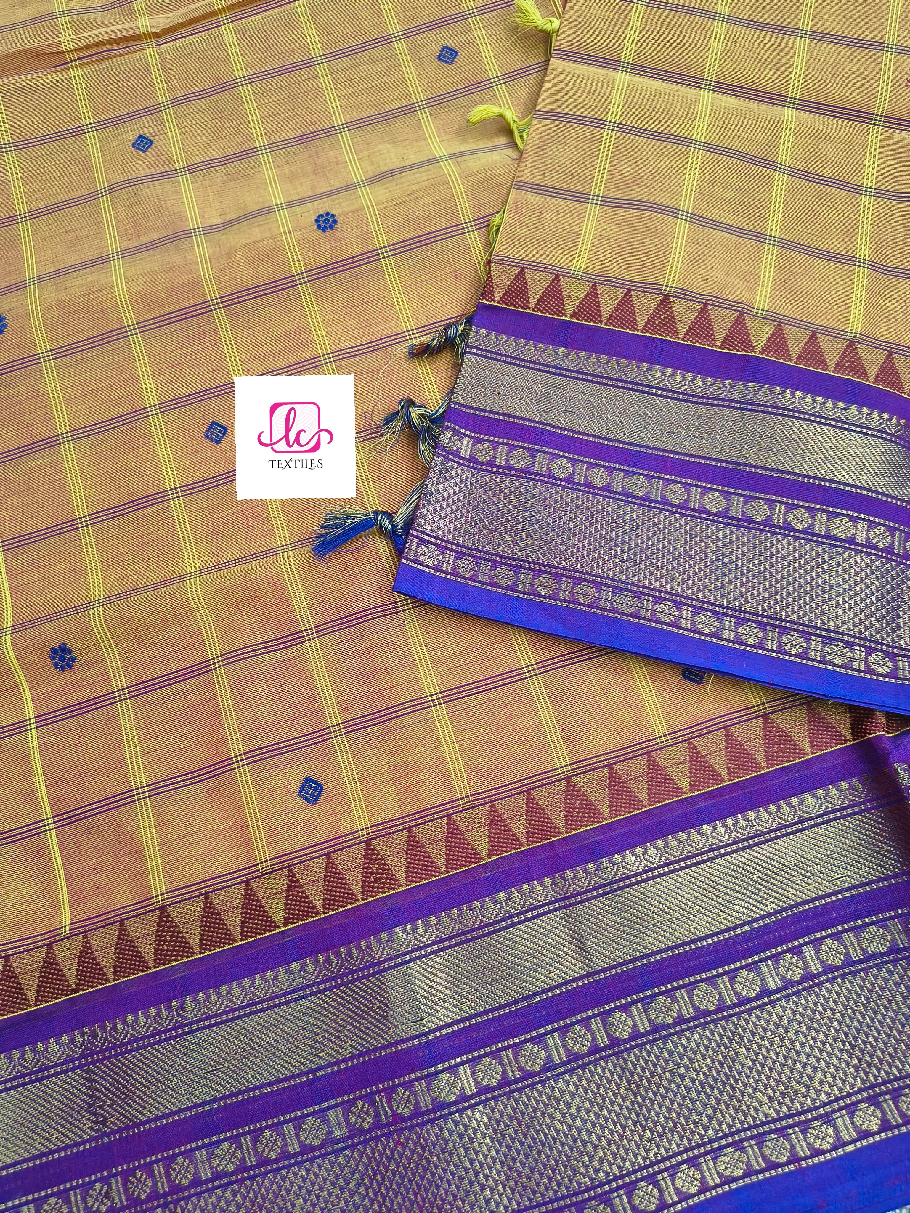 Kandangi Korvai Checks Butta-Lemon yellow mixed pink dual tone- KKCB71