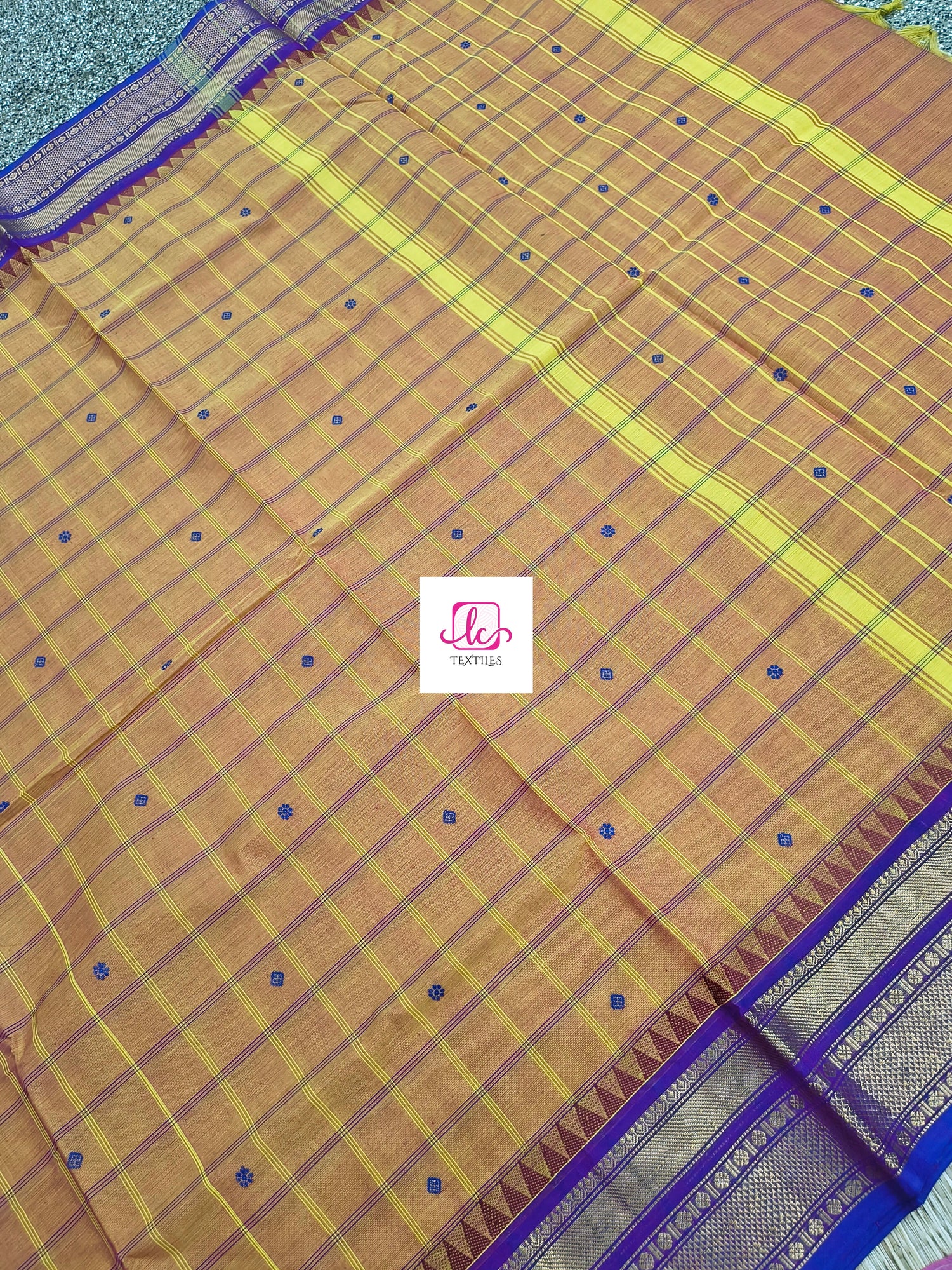 Kandangi Korvai Checks Butta-Lemon yellow mixed pink dual tone- KKCB71