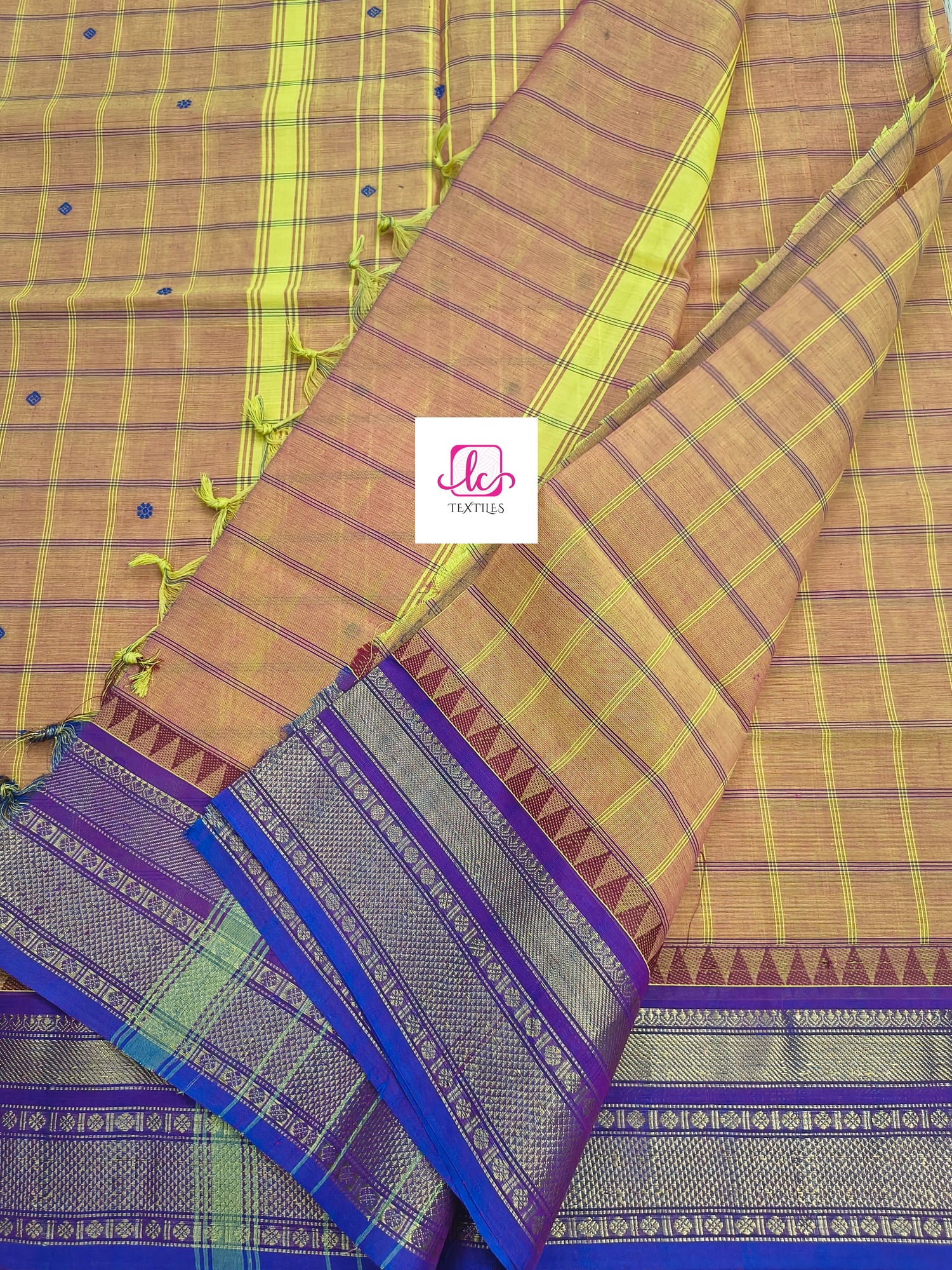 Kandangi Korvai Checks Butta-Lemon yellow mixed pink dual tone- KKCB71