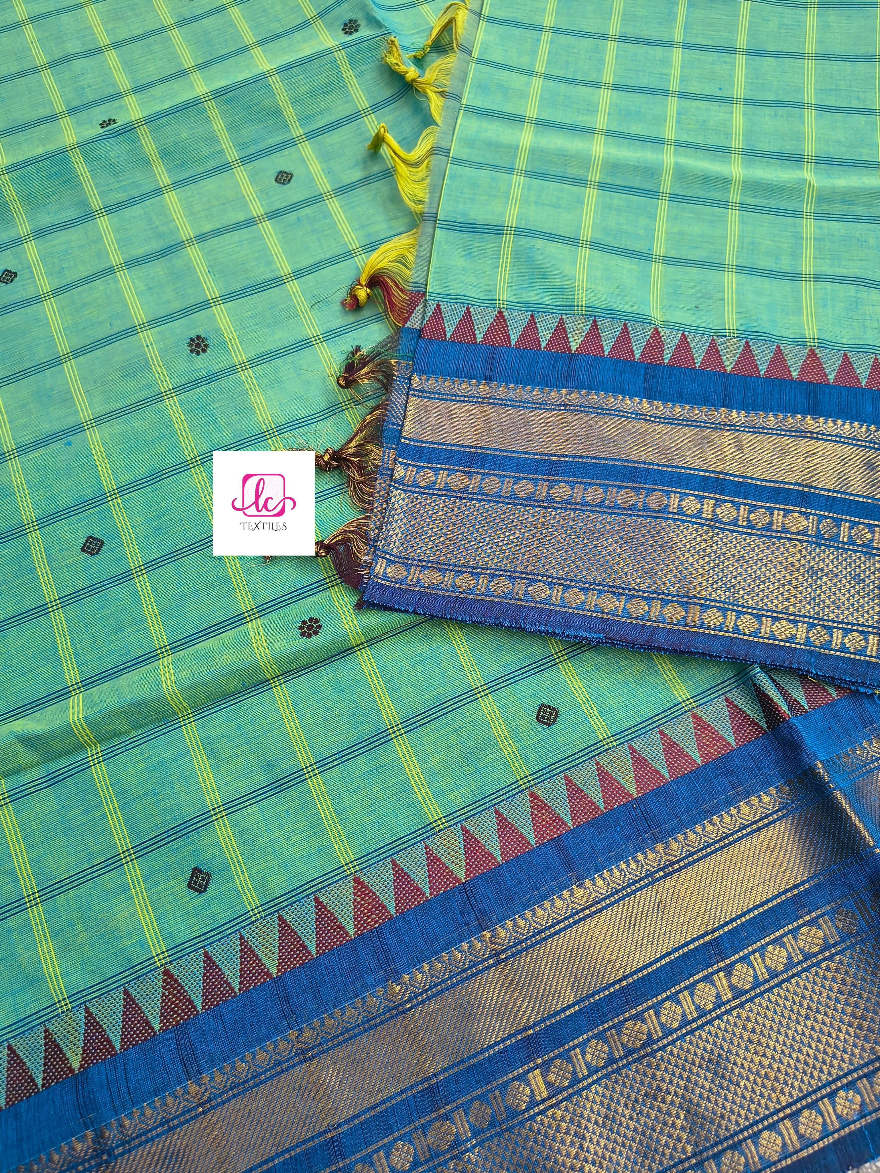 Kandangi Korvai Checks Butta-Lemon yellow mixed blue dual tone- KKCB72