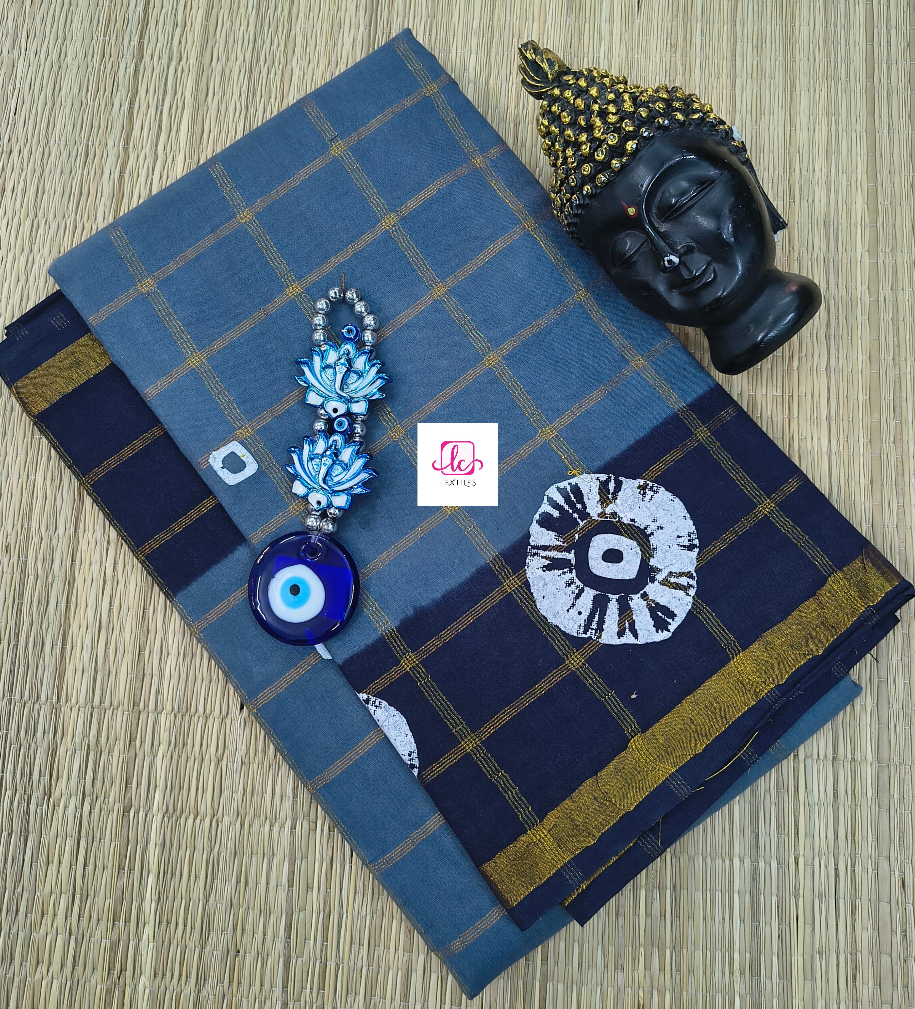 Madurai Sungudi Cotton - zari checks - Bluish grey- MS67