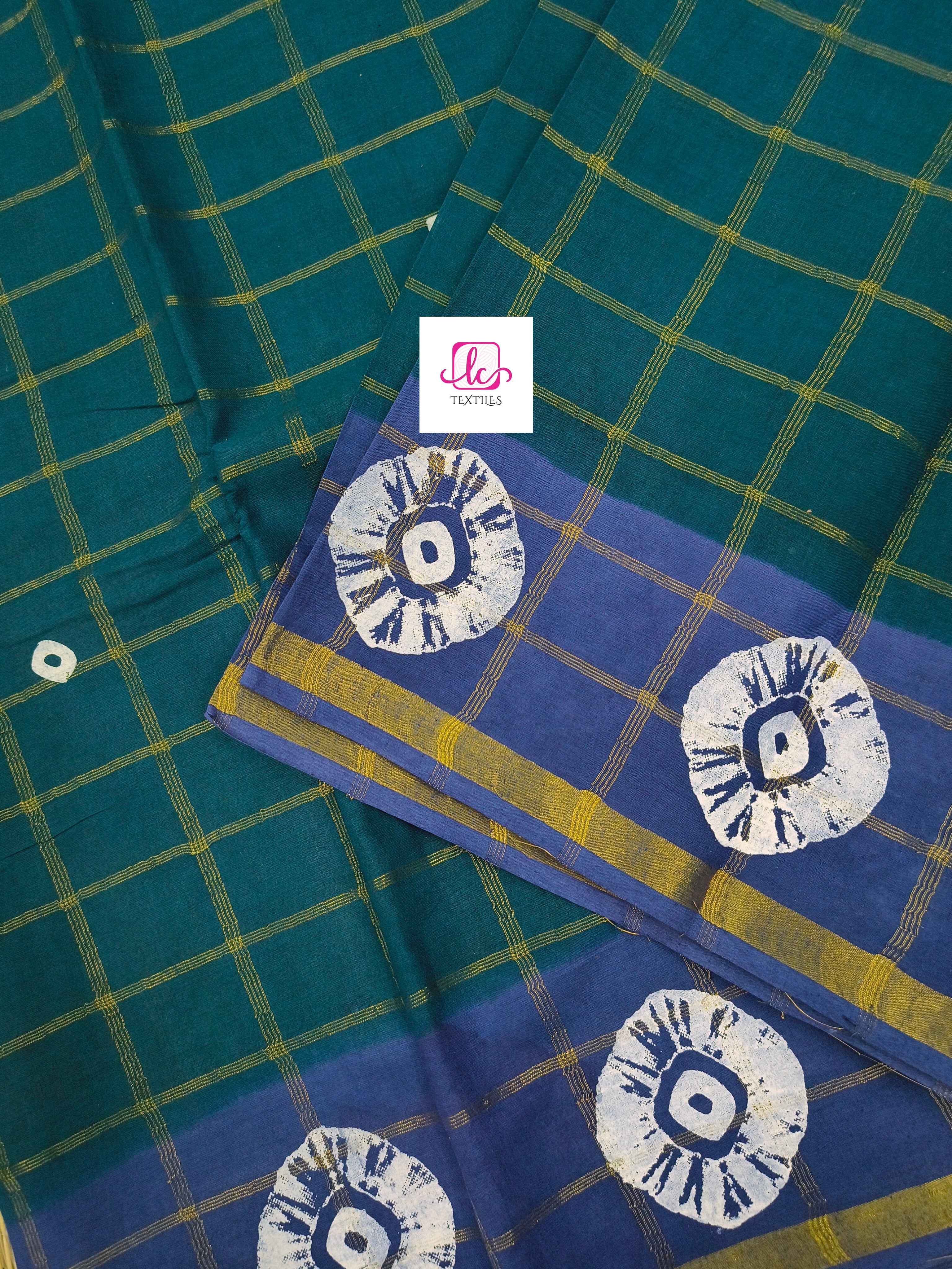 Madurai Sungudi Cotton - zari checks - Peacock blue- MS68