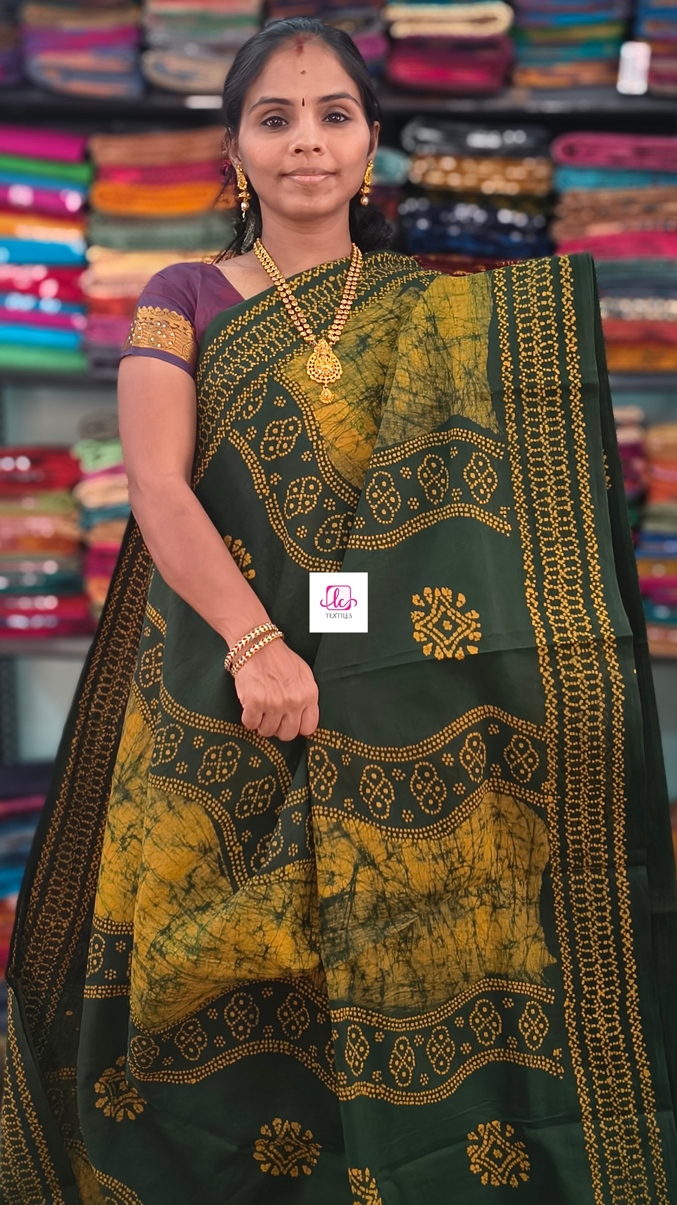 Madurai Sungudi Cotton -Bottle green with mustard yellow- MS79