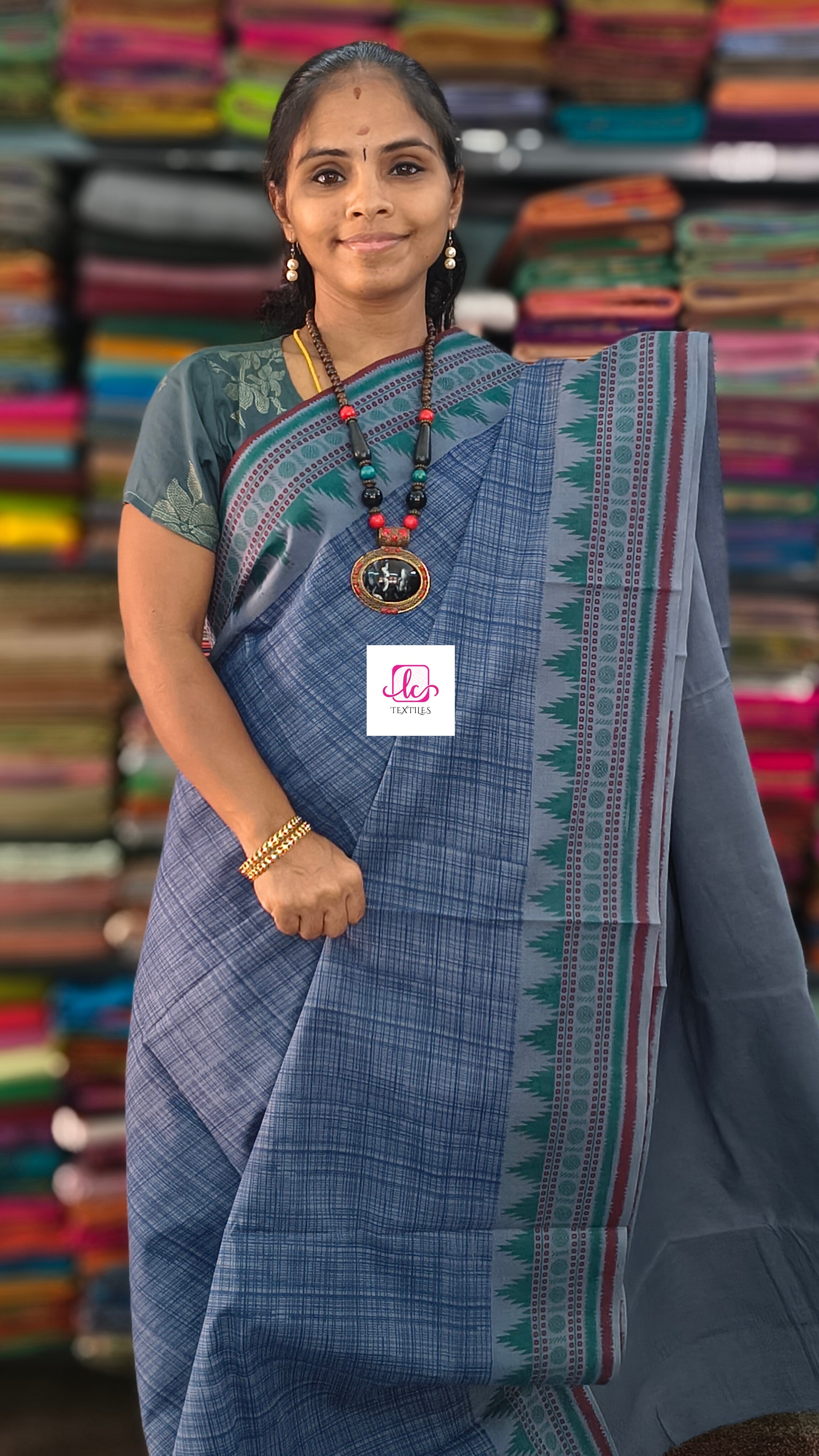 Madurai Sungudi Cotton -Dusty Steel Blue- MS83