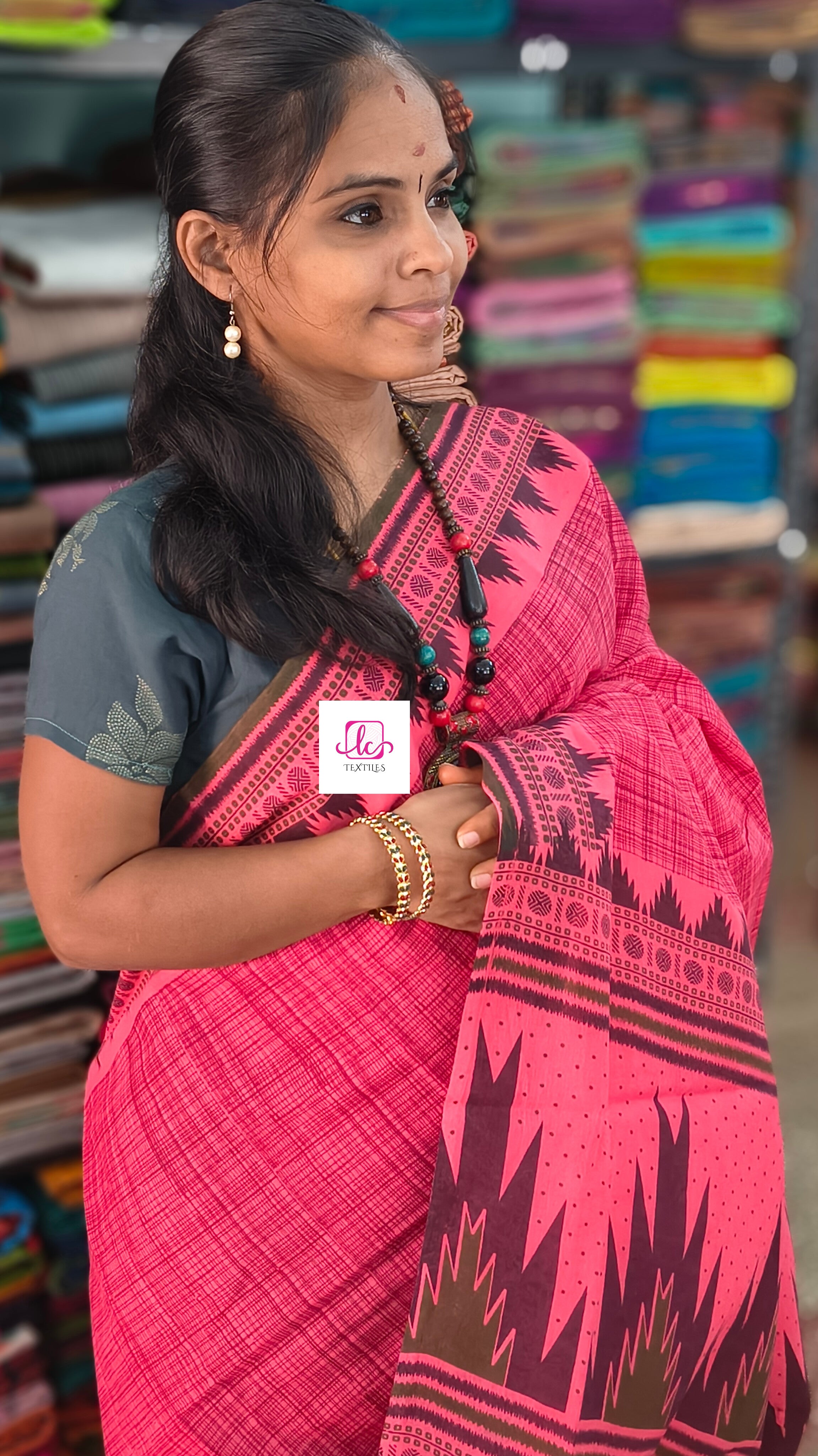 Madurai Sungudi Cotton -Peach-MS87