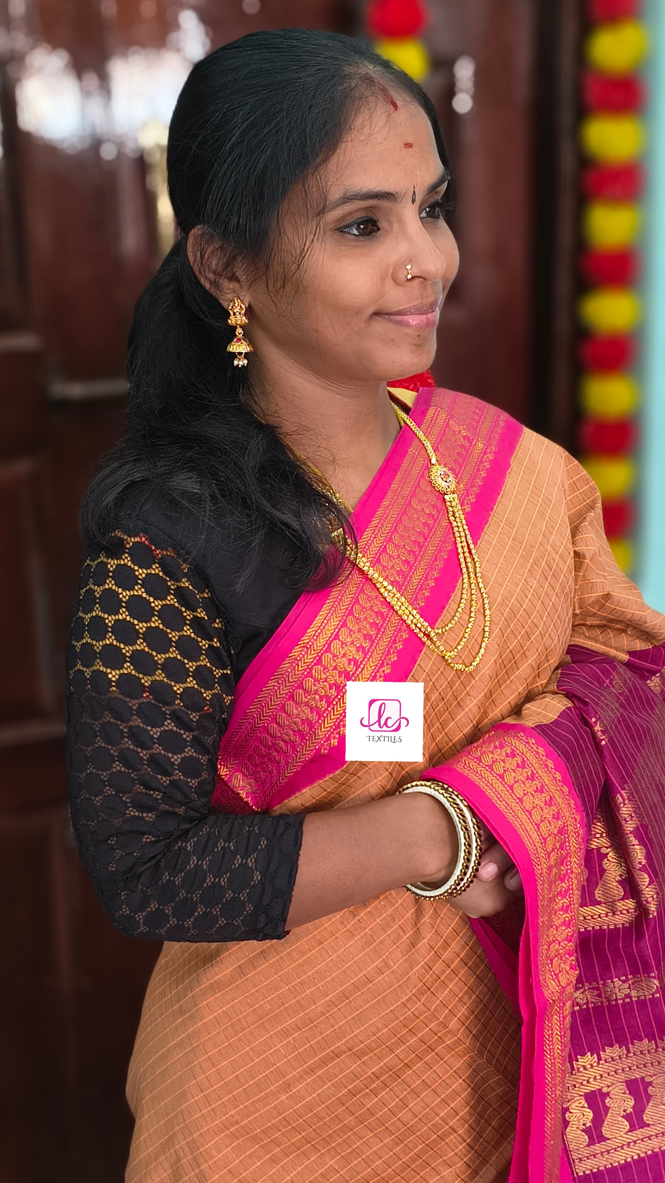 Kalyani cotton- checks-Warm peach- KC27
