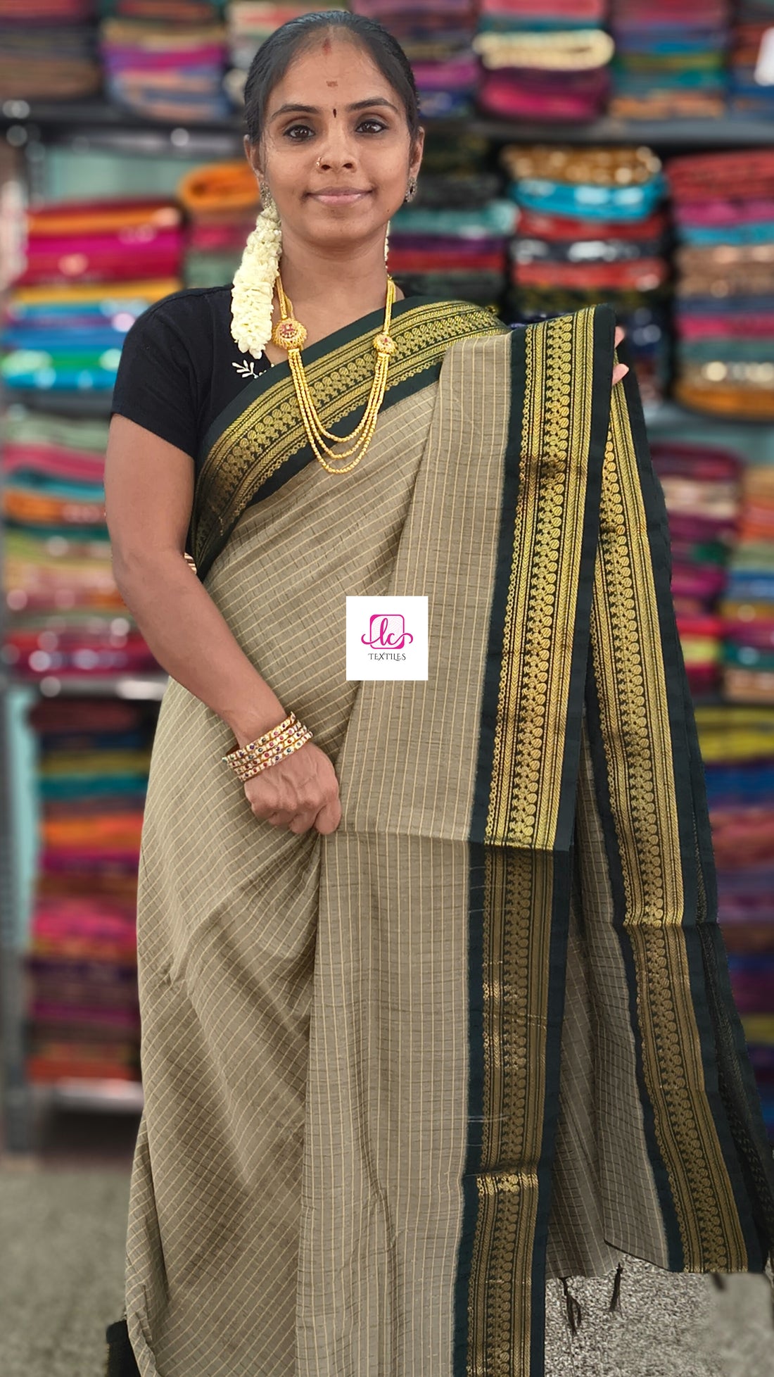 Kalyani cotton checks Muted olive gold
