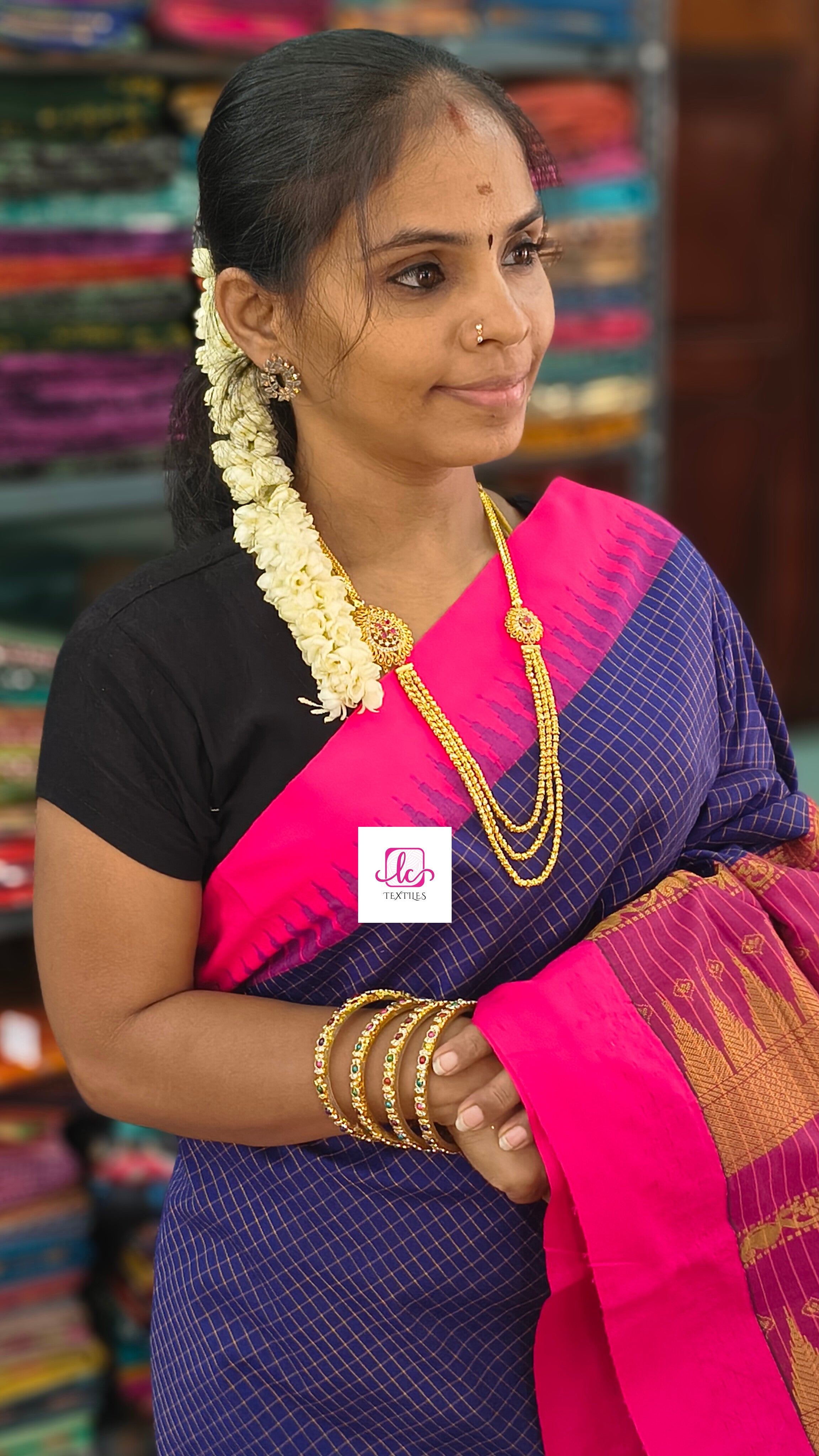 Kalyani cotton checks Royal blue mix pink