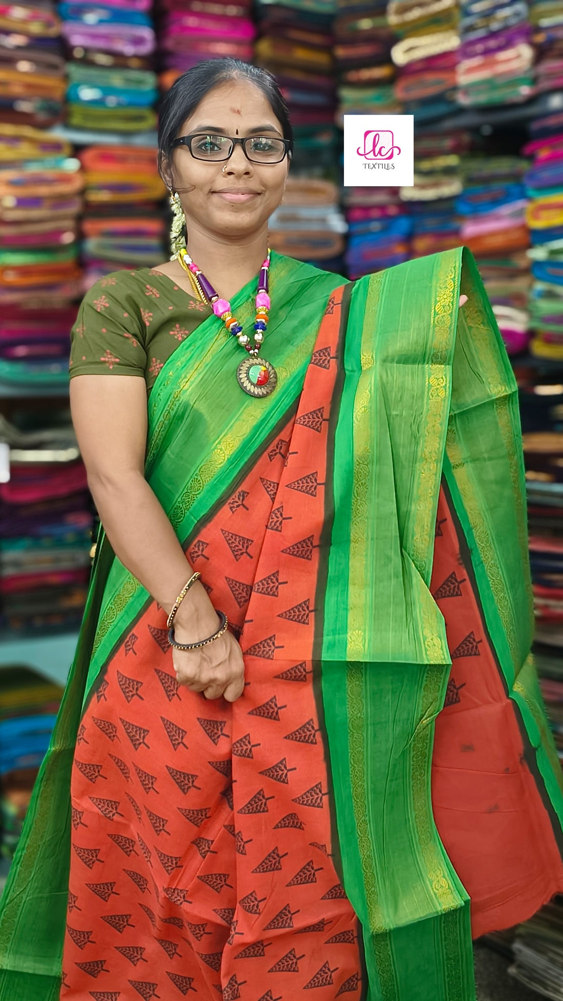 Madurai Sungudi Cotton Brick red