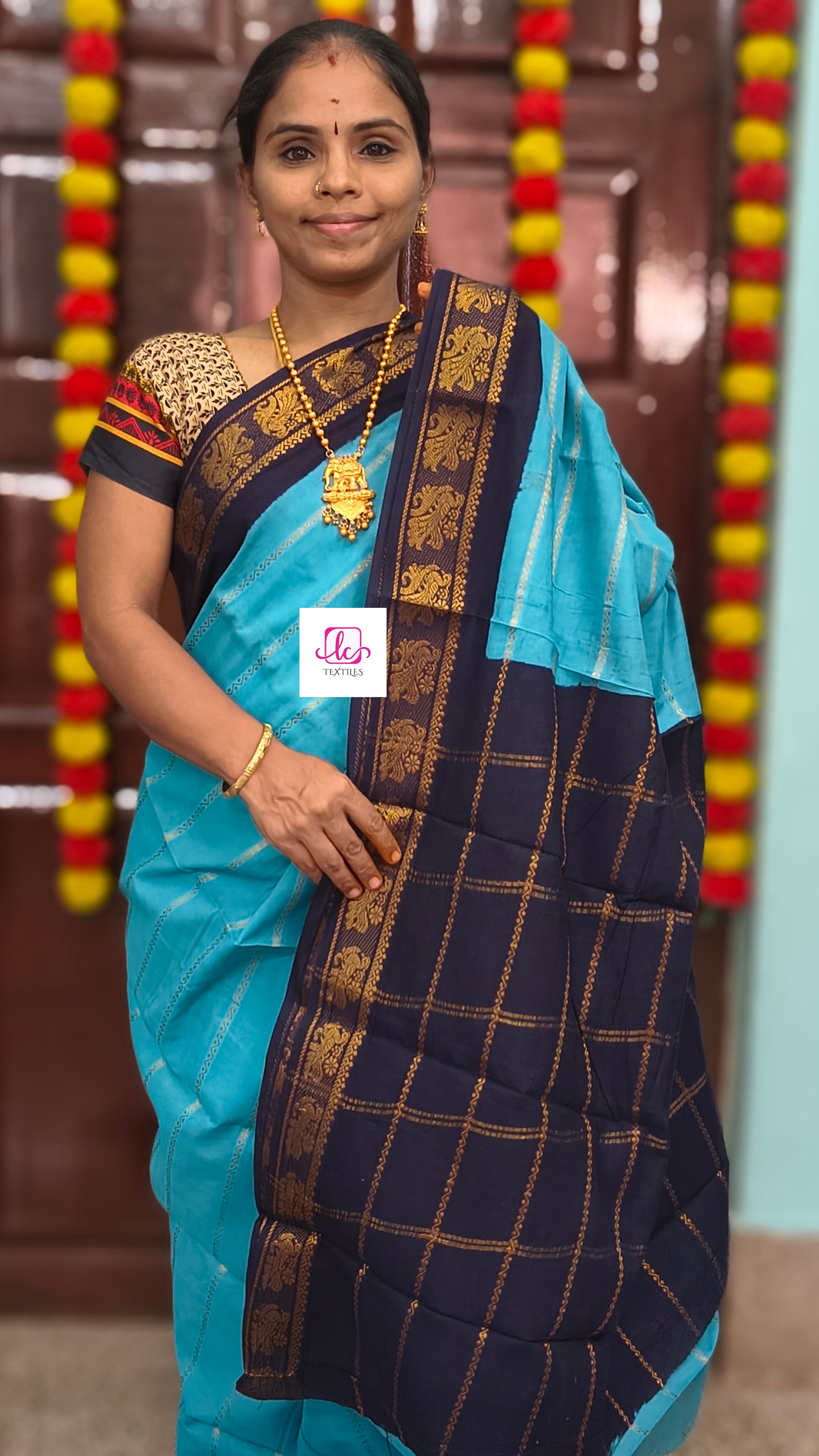Madurai Sungudi Cotton Veldhari Sky blue