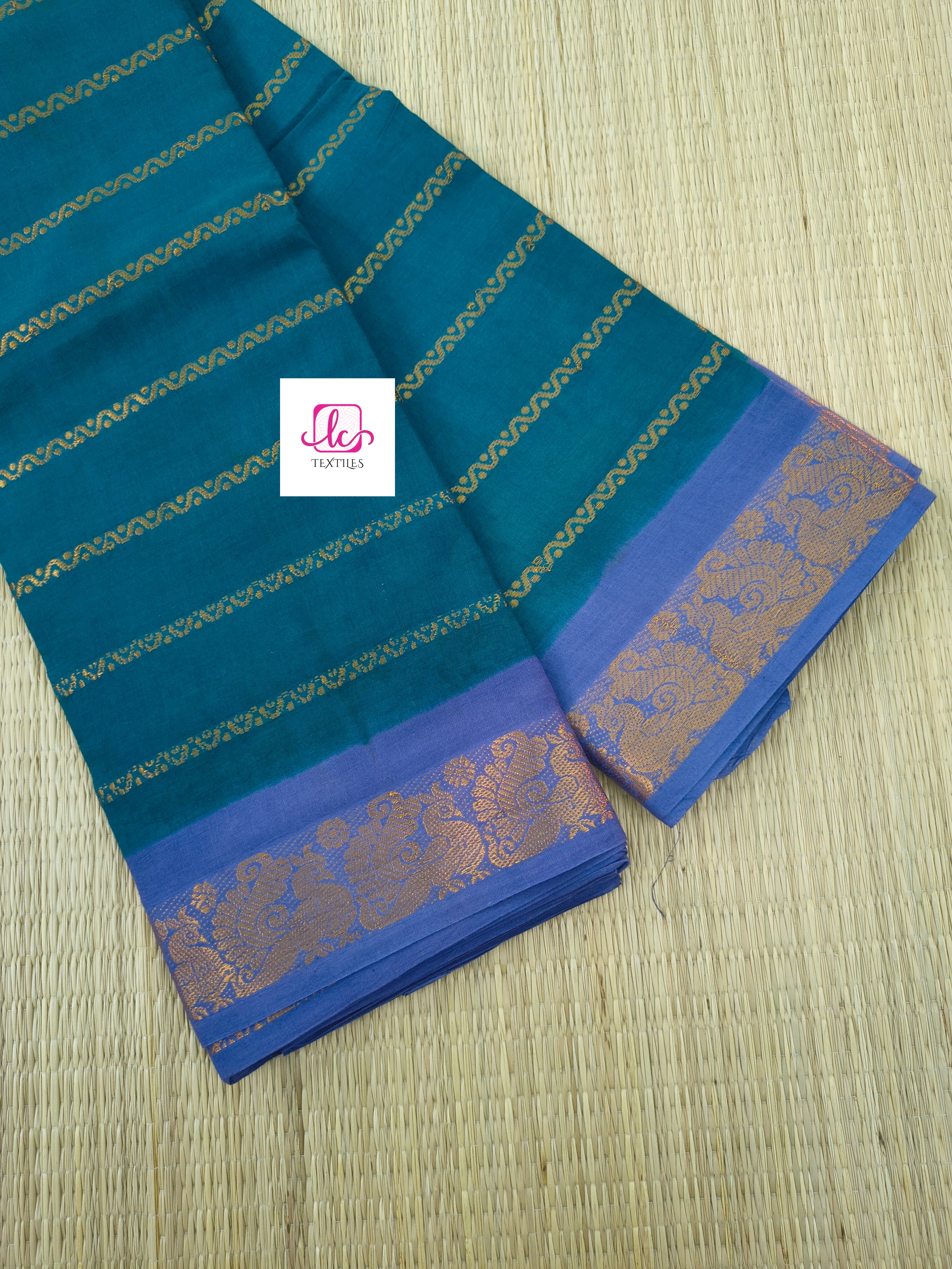 Madurai Sungudi Cotton Veldhari Peacock blue