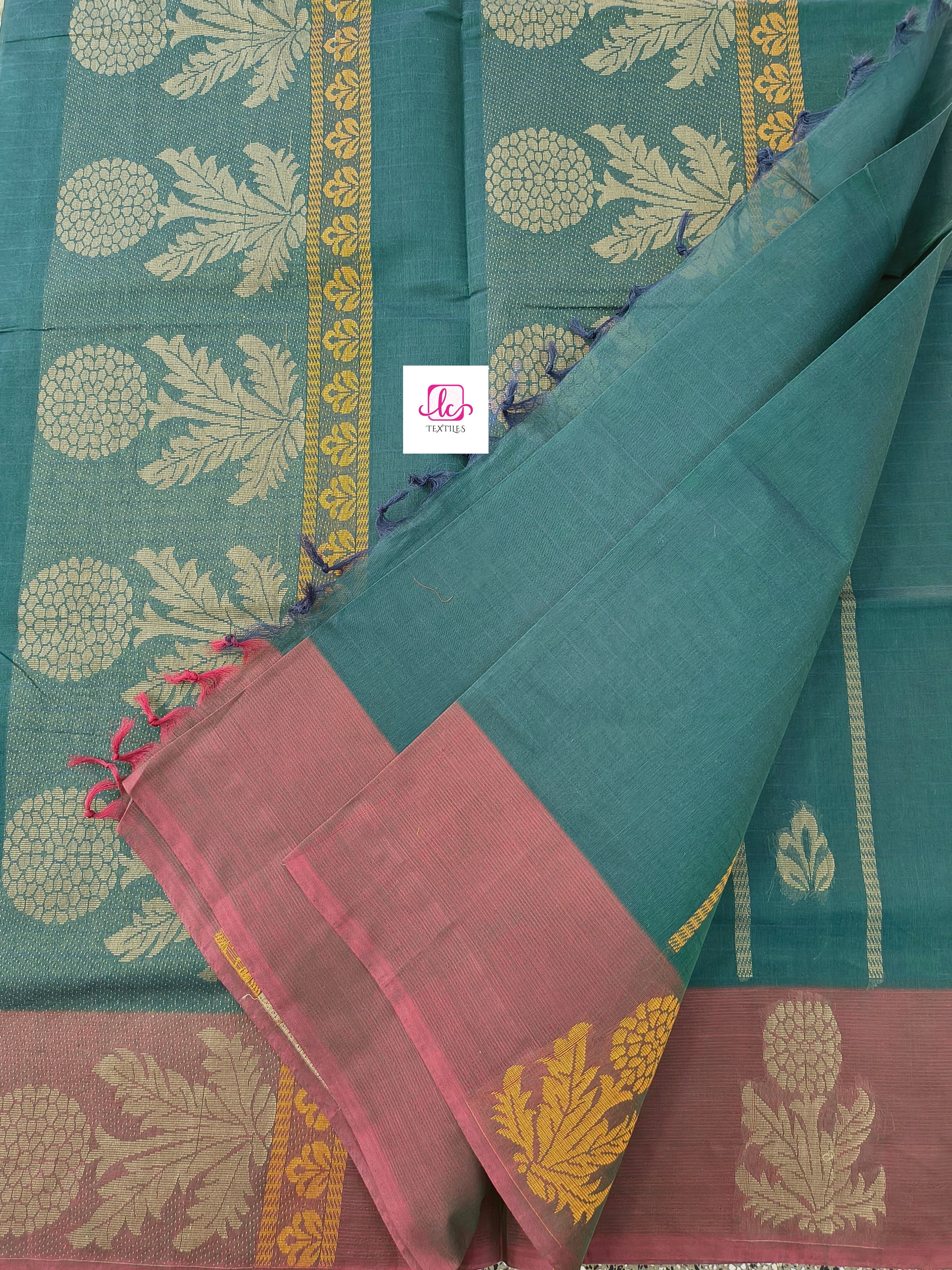 Negamam Cotton Saree Peacock teal blue