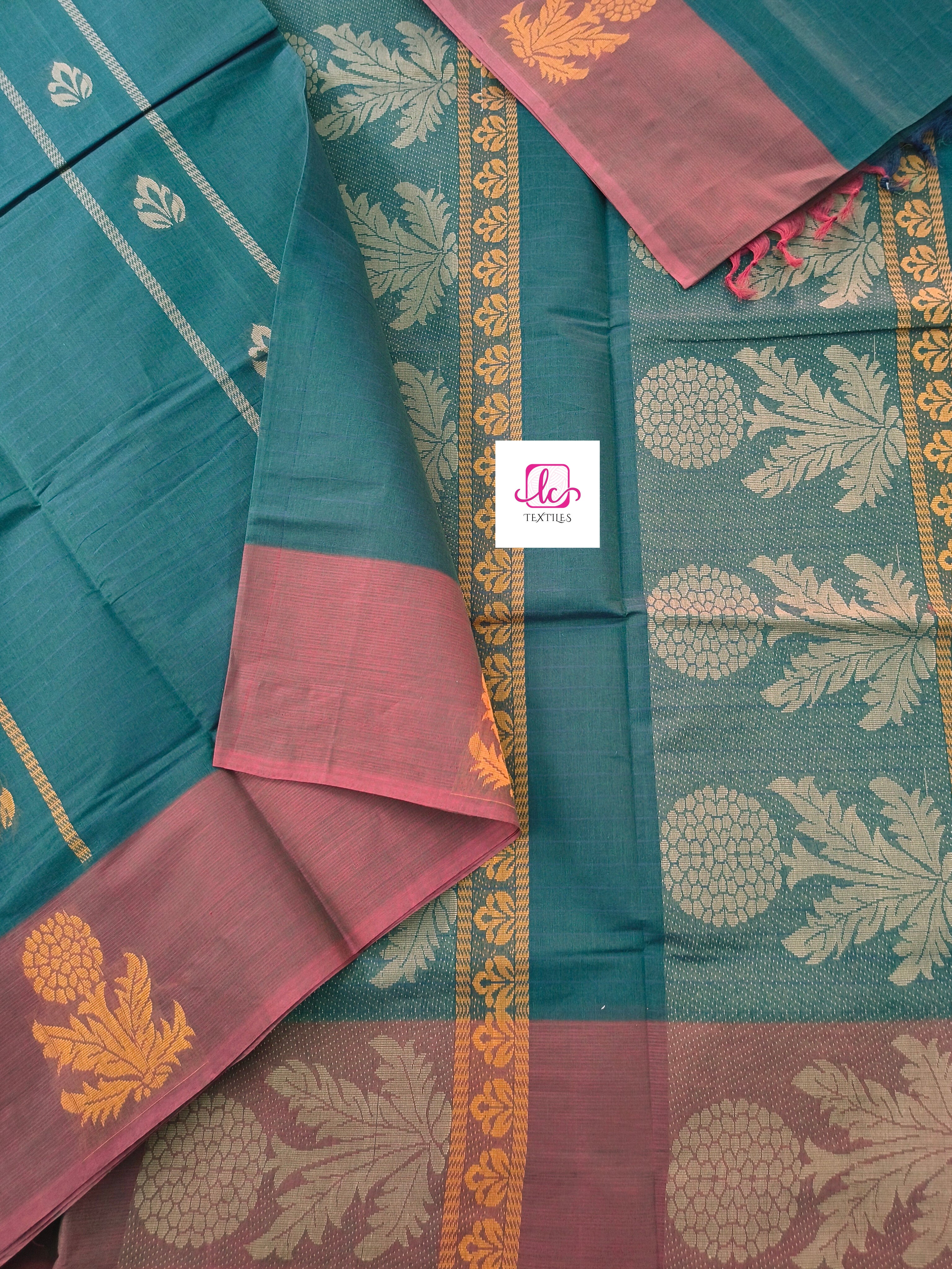 Negamam Cotton Saree Peacock teal blue
