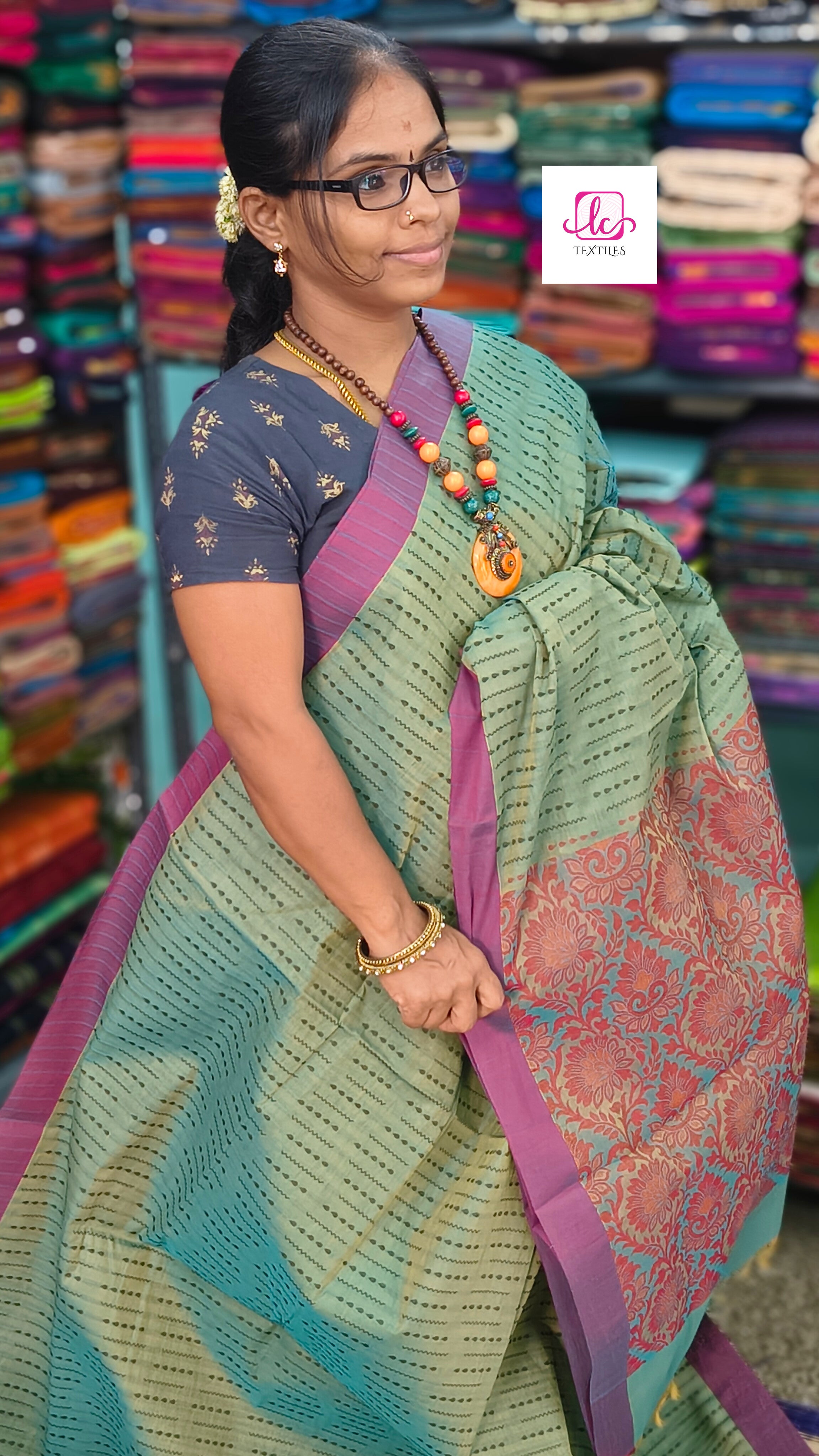 Negamam Cotton Saree Mustard yellow mixed blue dual tone