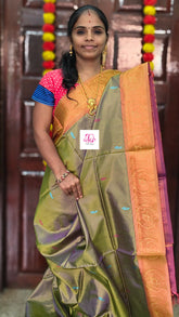 Banana pith silk saree Yellow mixed moss green dual tone