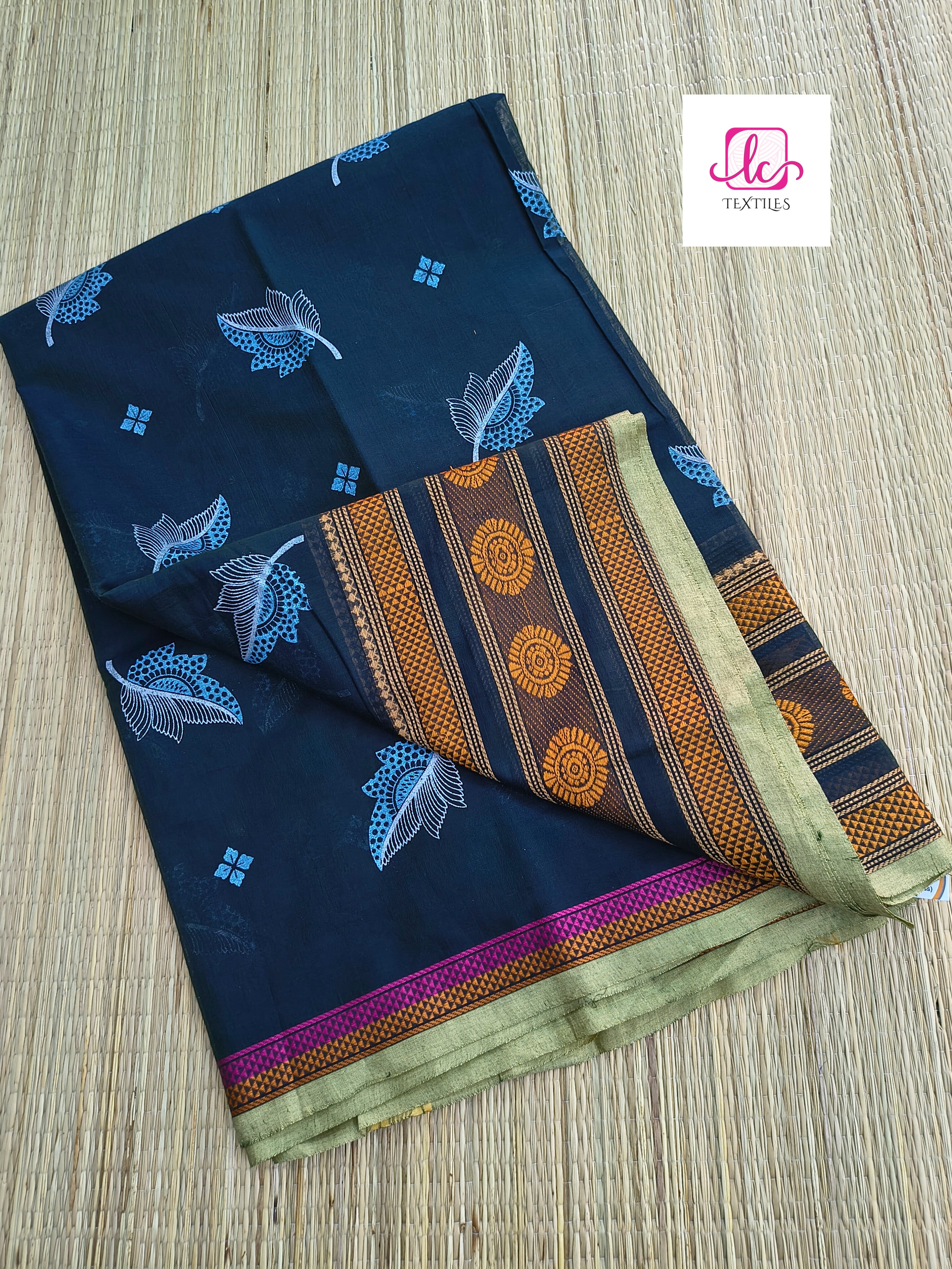 Chettinad Cotton Printed Navy blue mixed green