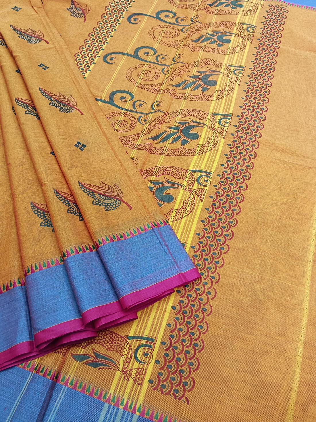Chettinad Cotton Printed Yellow Mixed Orange