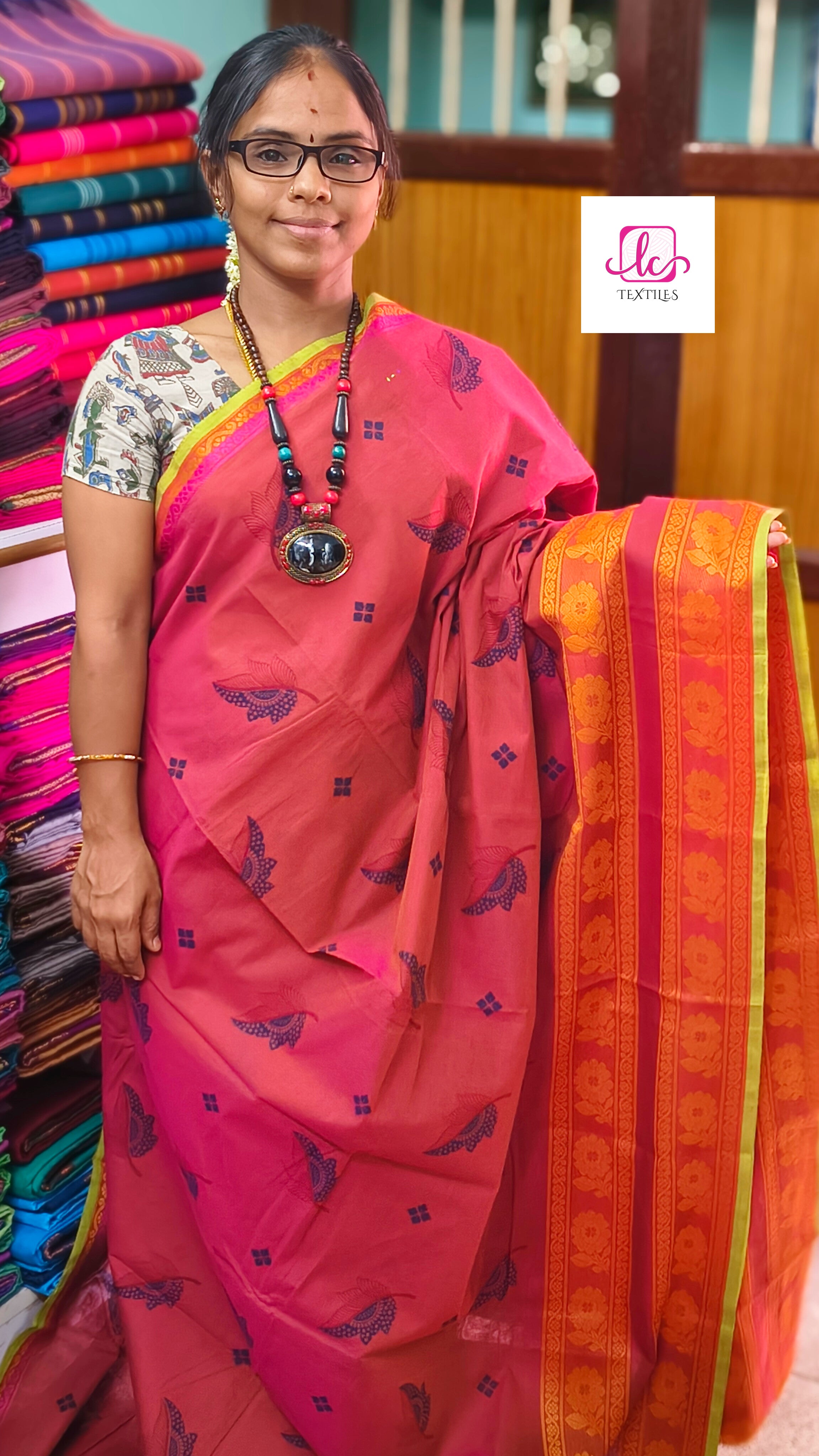 Chettinad Cotton Printed Khaki mixed pink dual tone
