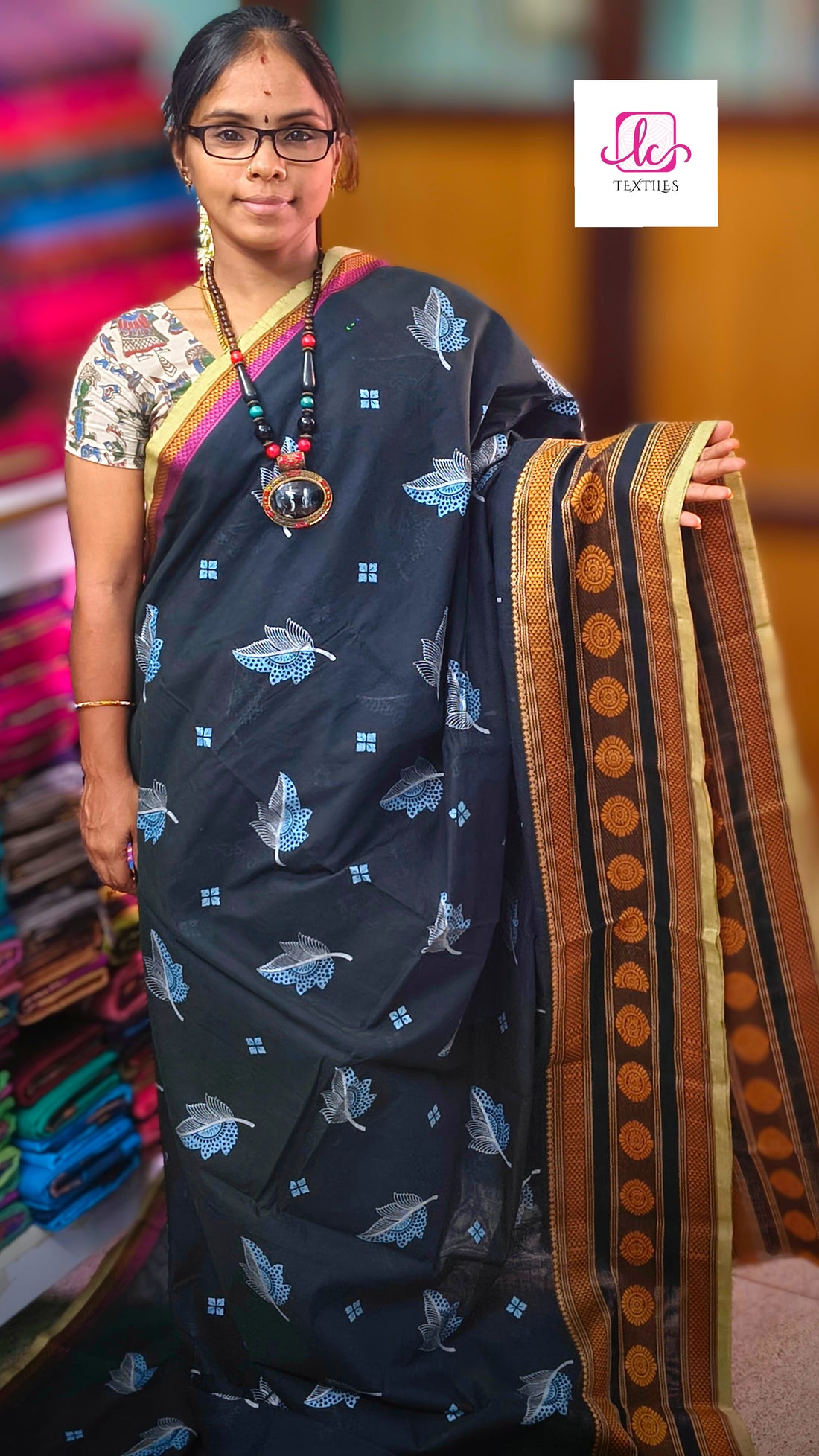Chettinad Cotton Printed Navy blue mixed green