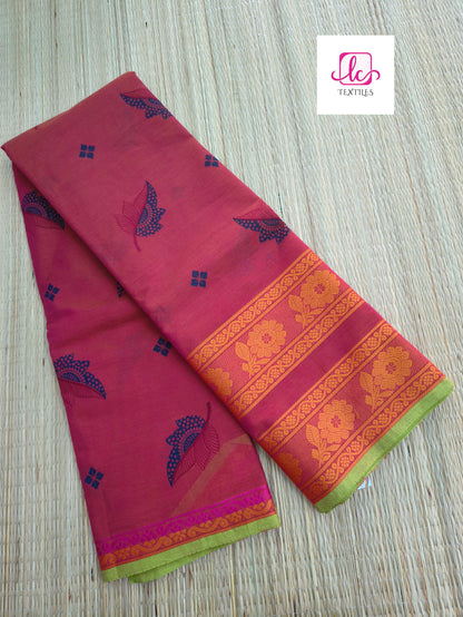 Chettinad Cotton Printed Khaki mixed pink dual tone