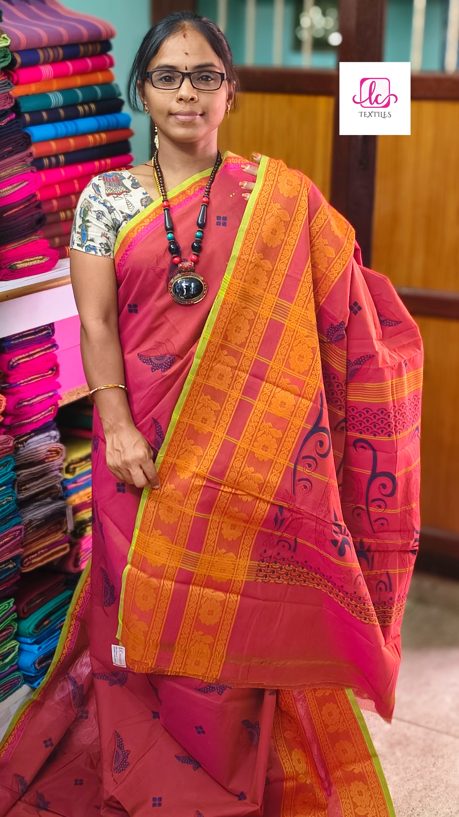 Chettinad Cotton Printed Khaki mixed pink dual tone