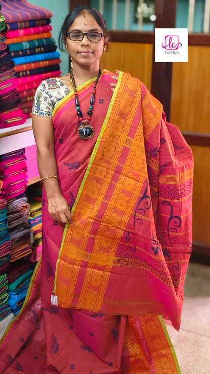 Chettinad Cotton Printed Khaki mixed pink dual tone