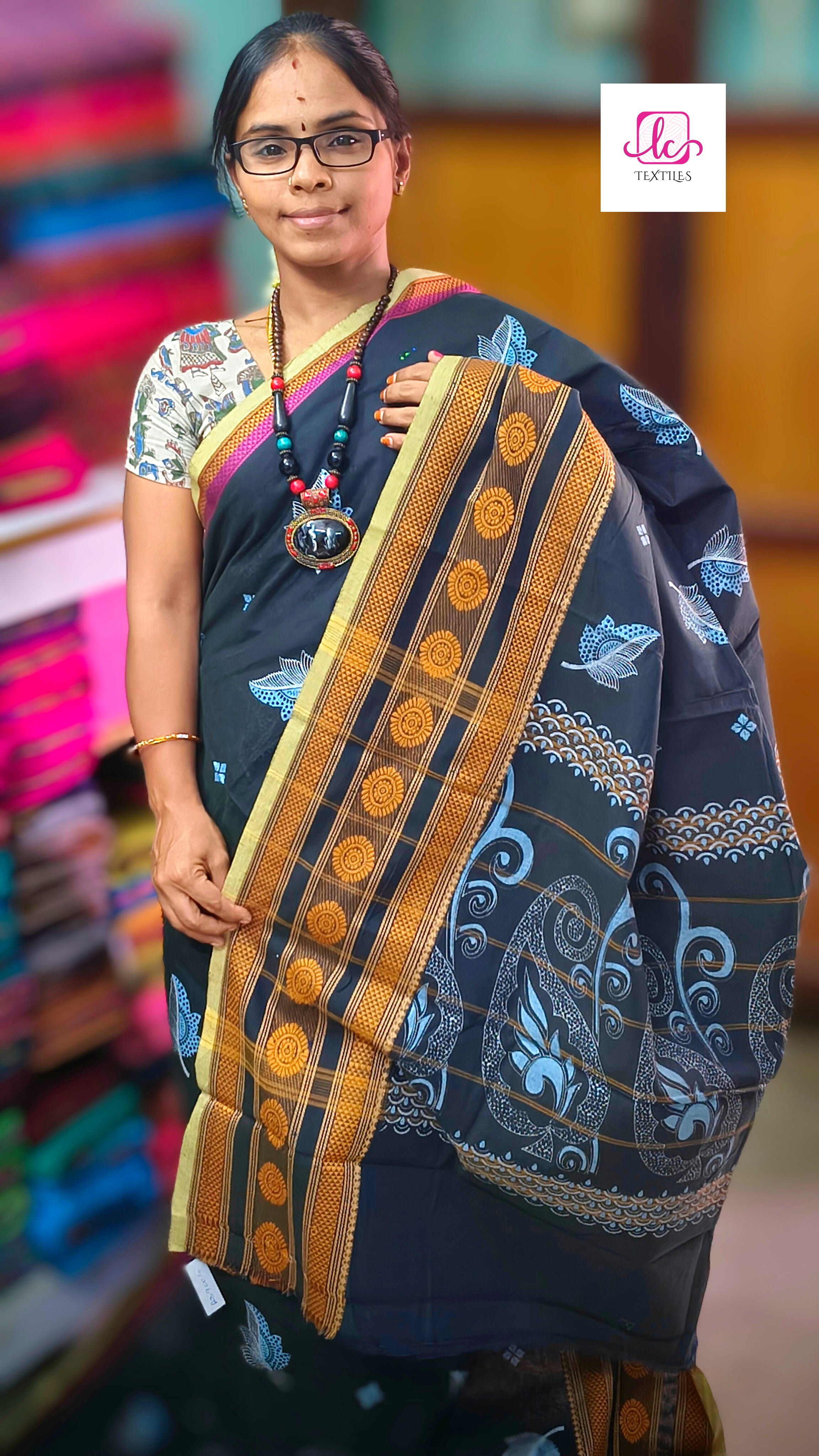 Chettinad Cotton Printed Navy blue mixed green